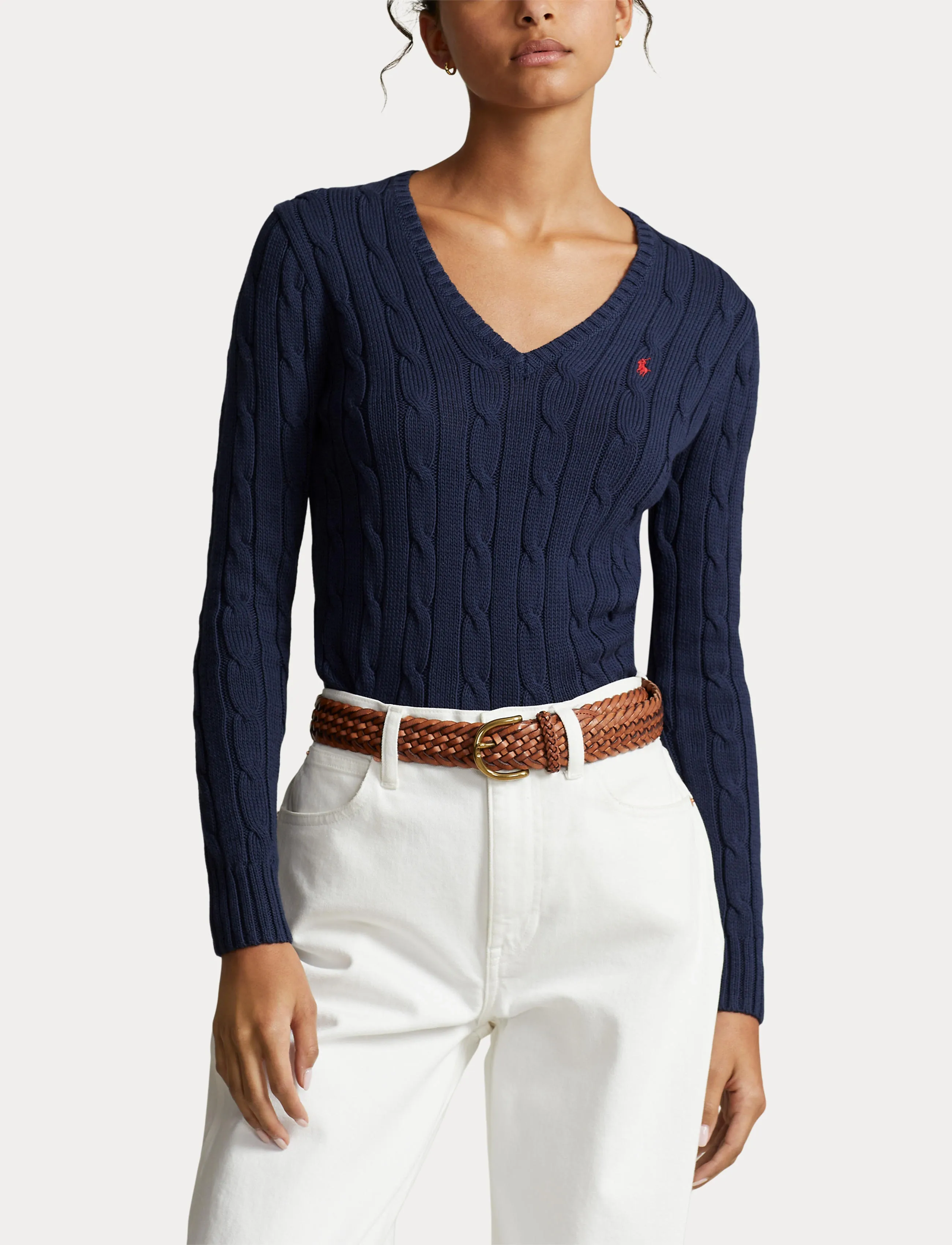 Polo Ralph Lauren - Cable-Knit Cotton V-Neck Sweater - pulls - hunter navy - 5