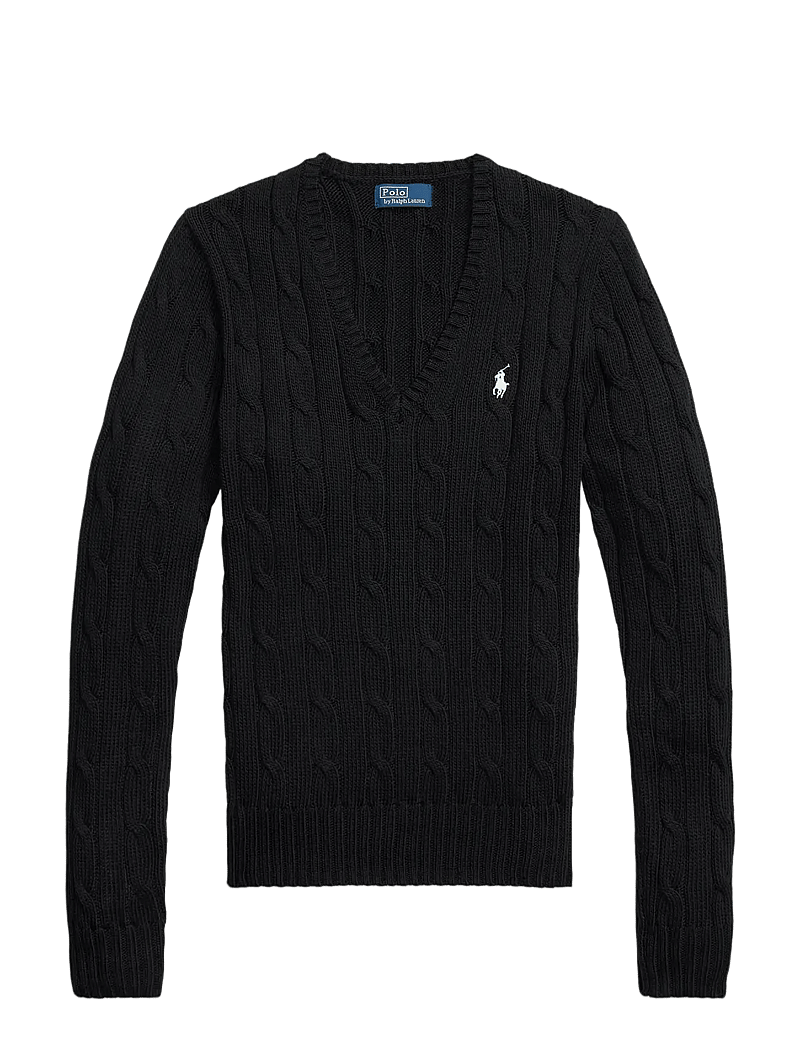 Polo Ralph Lauren - Cable-Knit Cotton V-Neck Sweater - tröjor - polo black/white - 1
