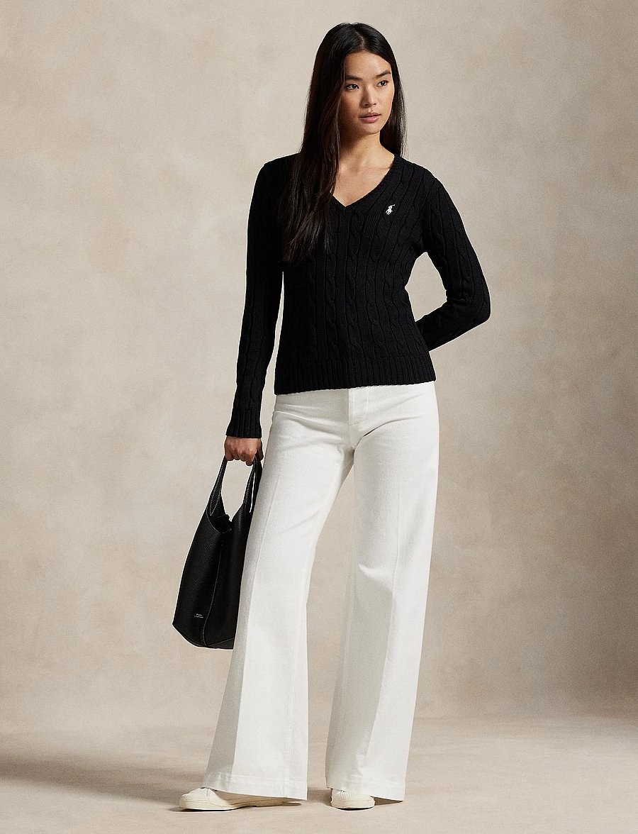 Polo Ralph Lauren - Cable-Knit Cotton V-Neck Sweater - trøjer - polo black/white - 0