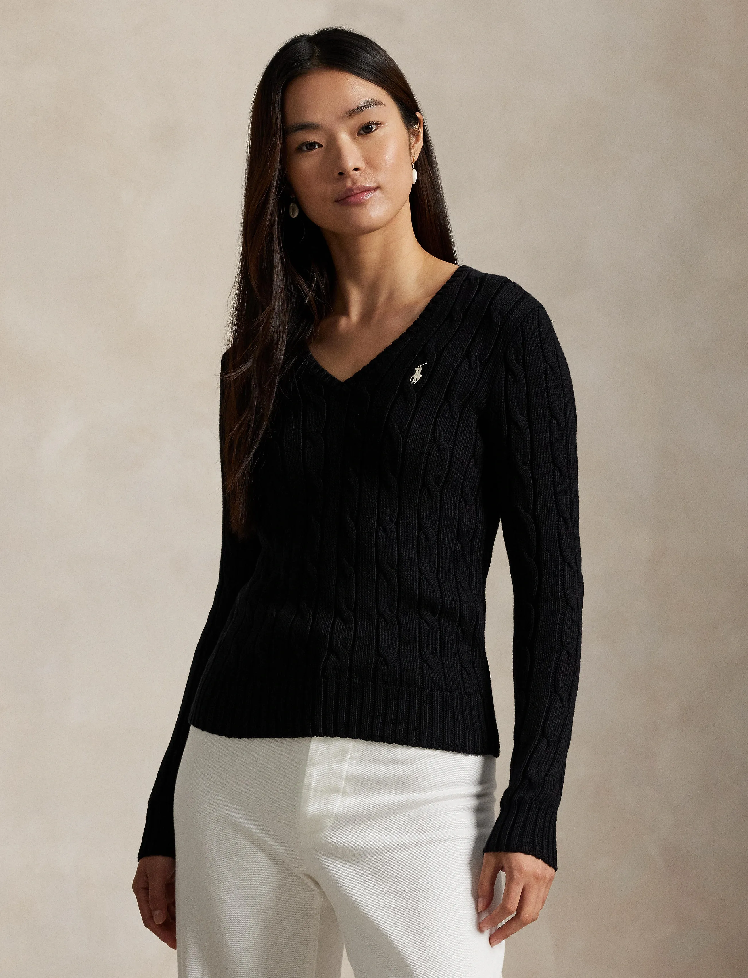 Polo Ralph Lauren - Cable-Knit Cotton V-Neck Sweater - trøjer - polo black/white - 3
