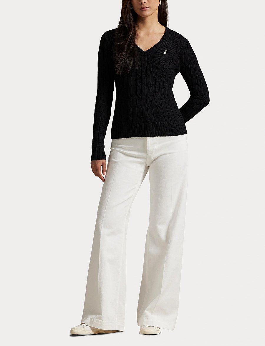 Polo Ralph Lauren - Cable-Knit Cotton V-Neck Sweater - trøjer - polo black/white - 4