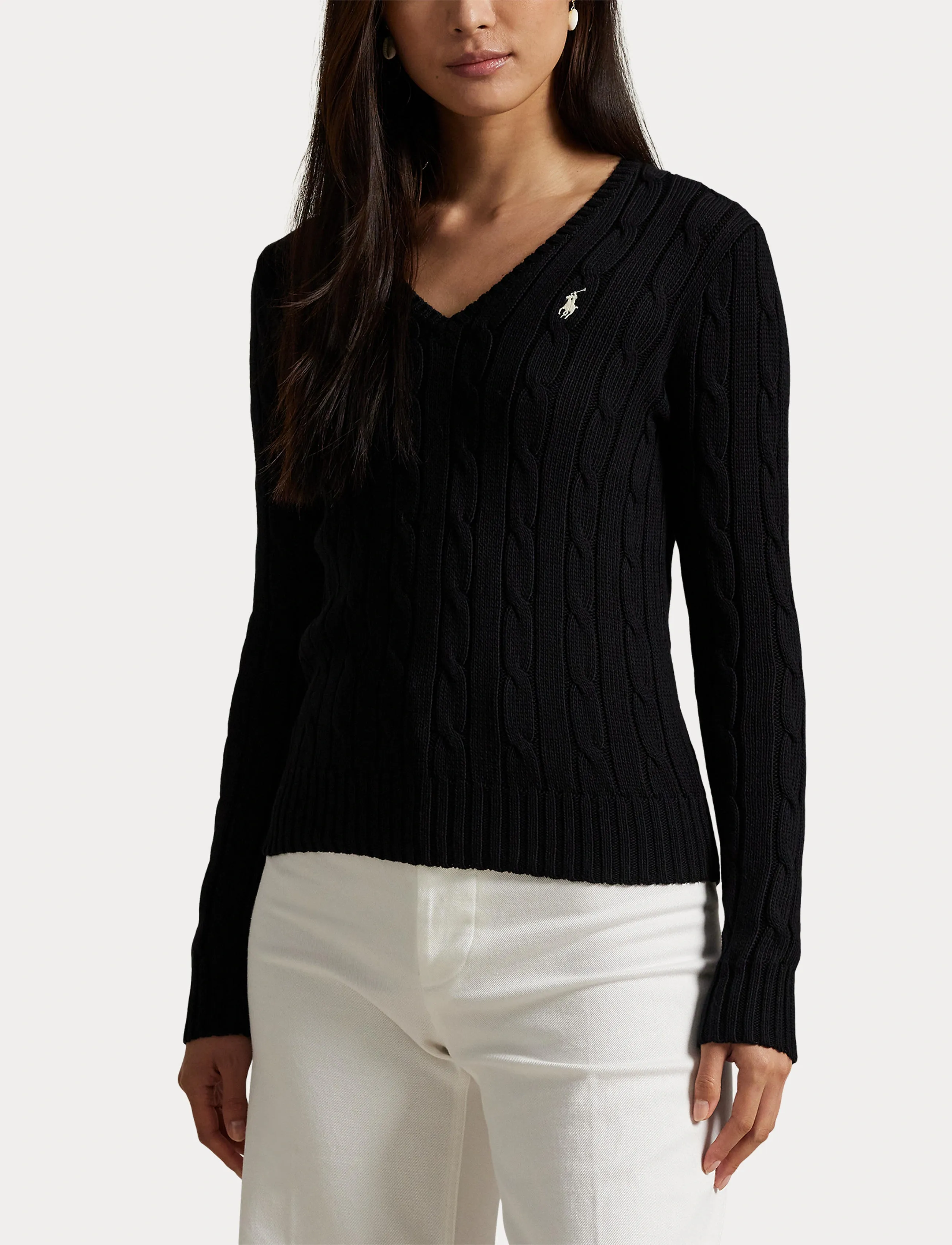 Polo Ralph Lauren - Cable-Knit Cotton V-Neck Sweater - trøjer - polo black/white - 5
