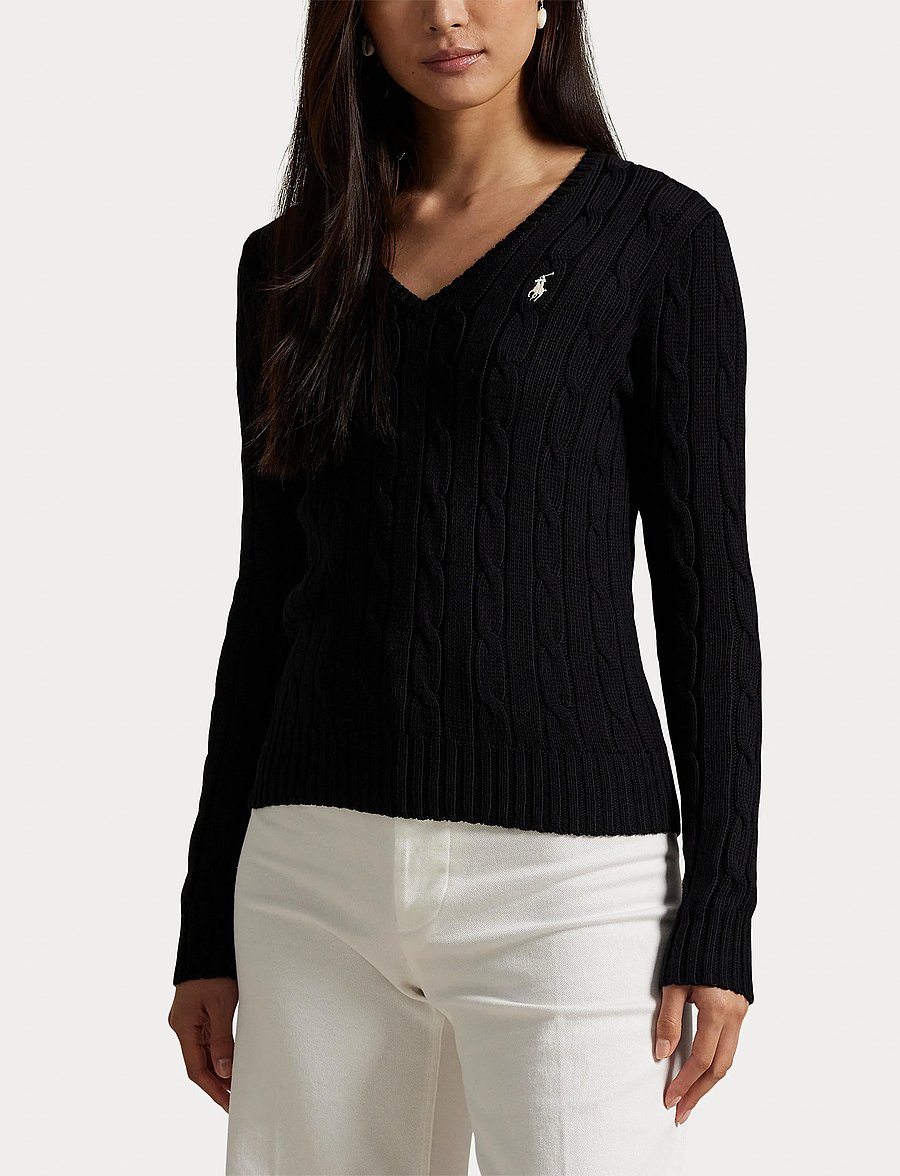 Polo Ralph Lauren - Cable-Knit Cotton V-Neck Sweater - trøjer - polo black/white - 5