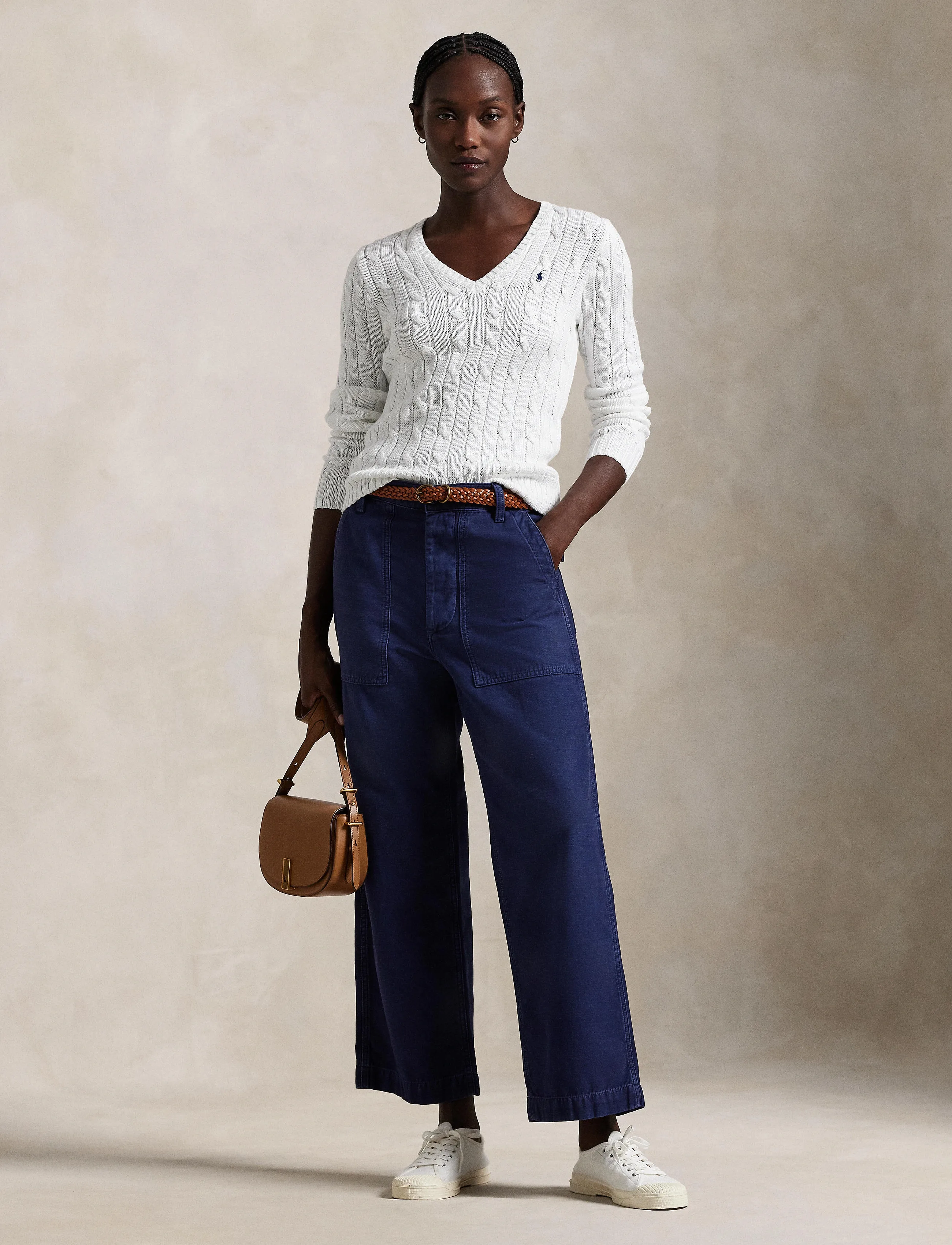 Polo Ralph Lauren Cable-Knit Cotton V-Neck Sweater, L, White, Strik > Trøjer, Dame