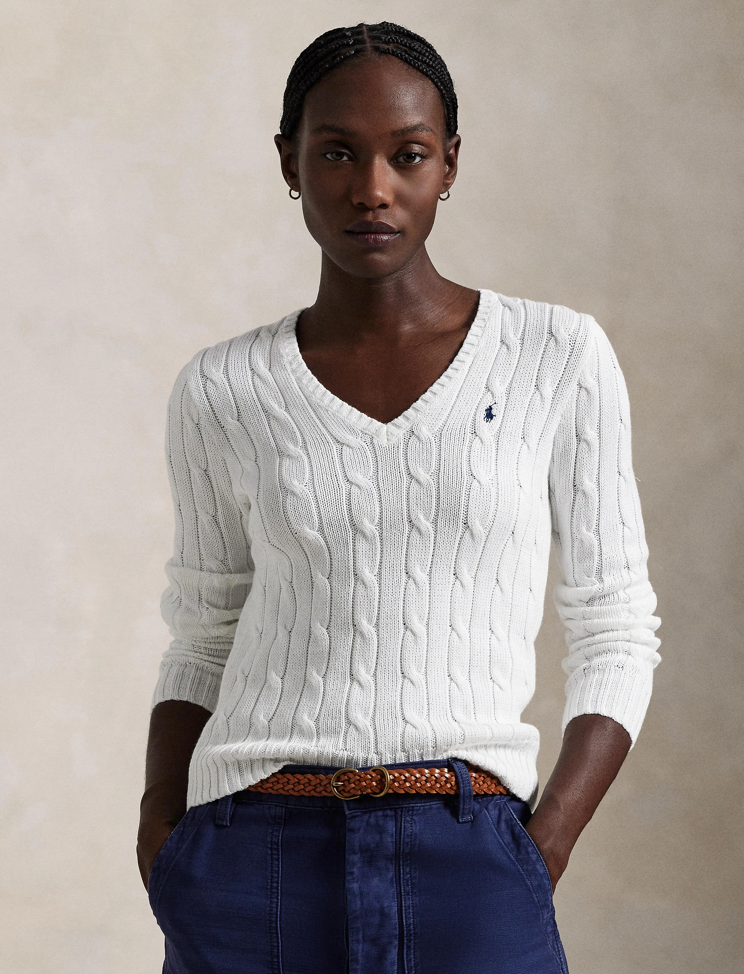 Polo Ralph Lauren - Cable-Knit Cotton V-Neck Sweater - pulls - white - 3