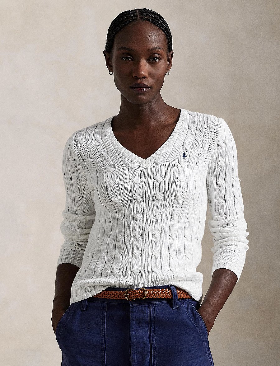 Polo Ralph Lauren - Cable-Knit Cotton V-Neck Sweater - pulls - white - 3
