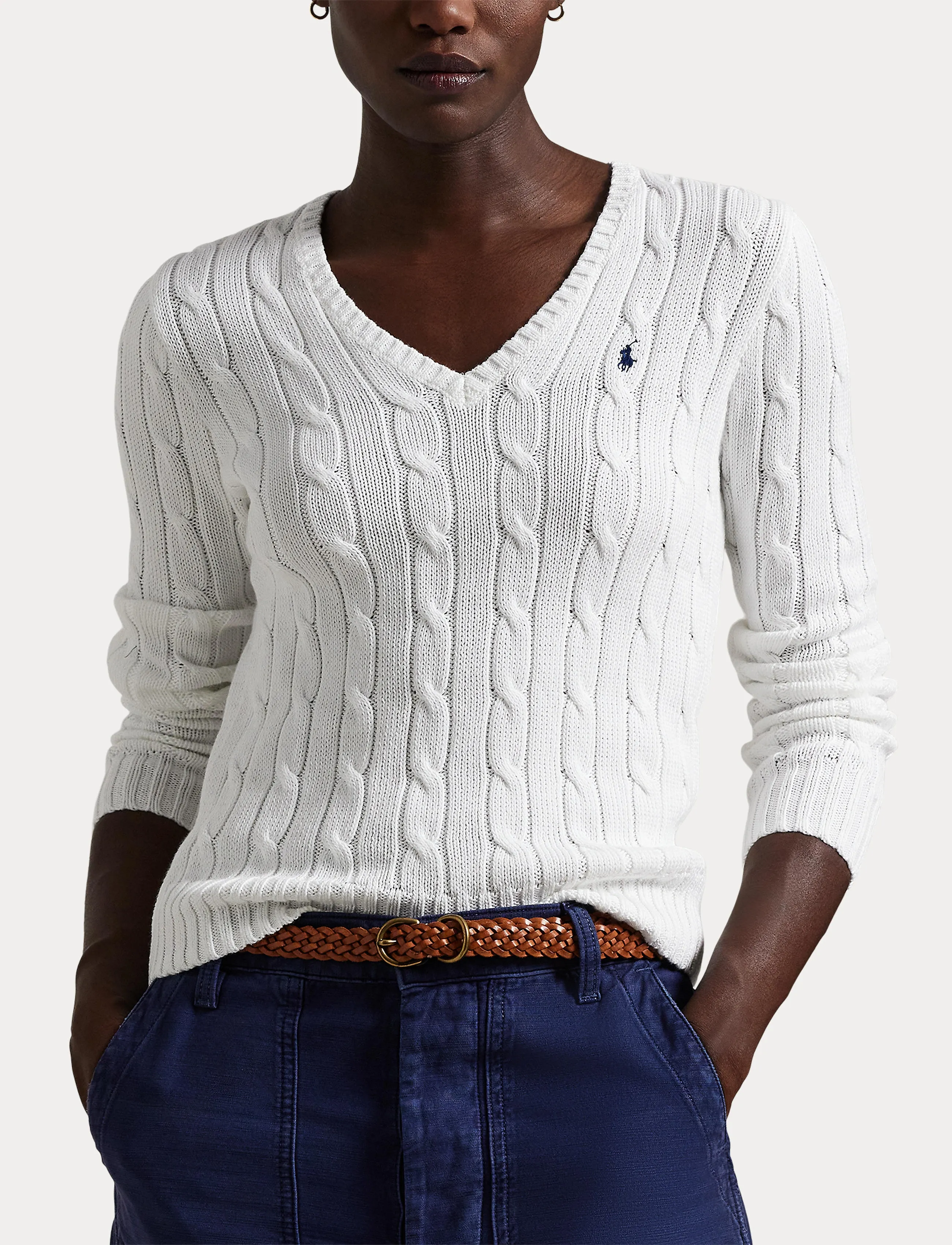 Polo Ralph Lauren - Cable-Knit Cotton V-Neck Sweater - pulls - white - 5