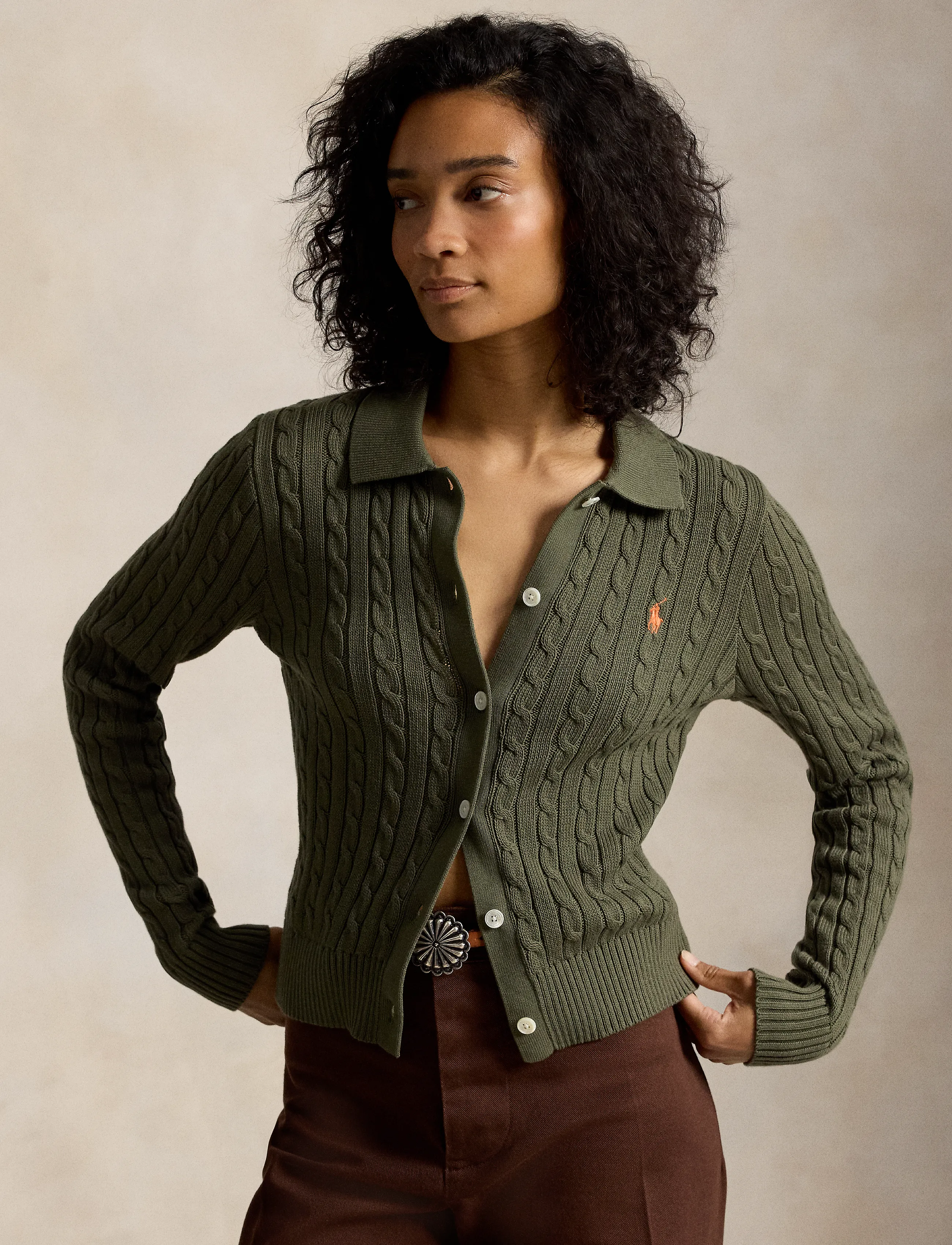 Polo Ralph Lauren Cable-Knit Cotton Cardigan - Ralph Lauren - DENSE OLIVE / khaki/green