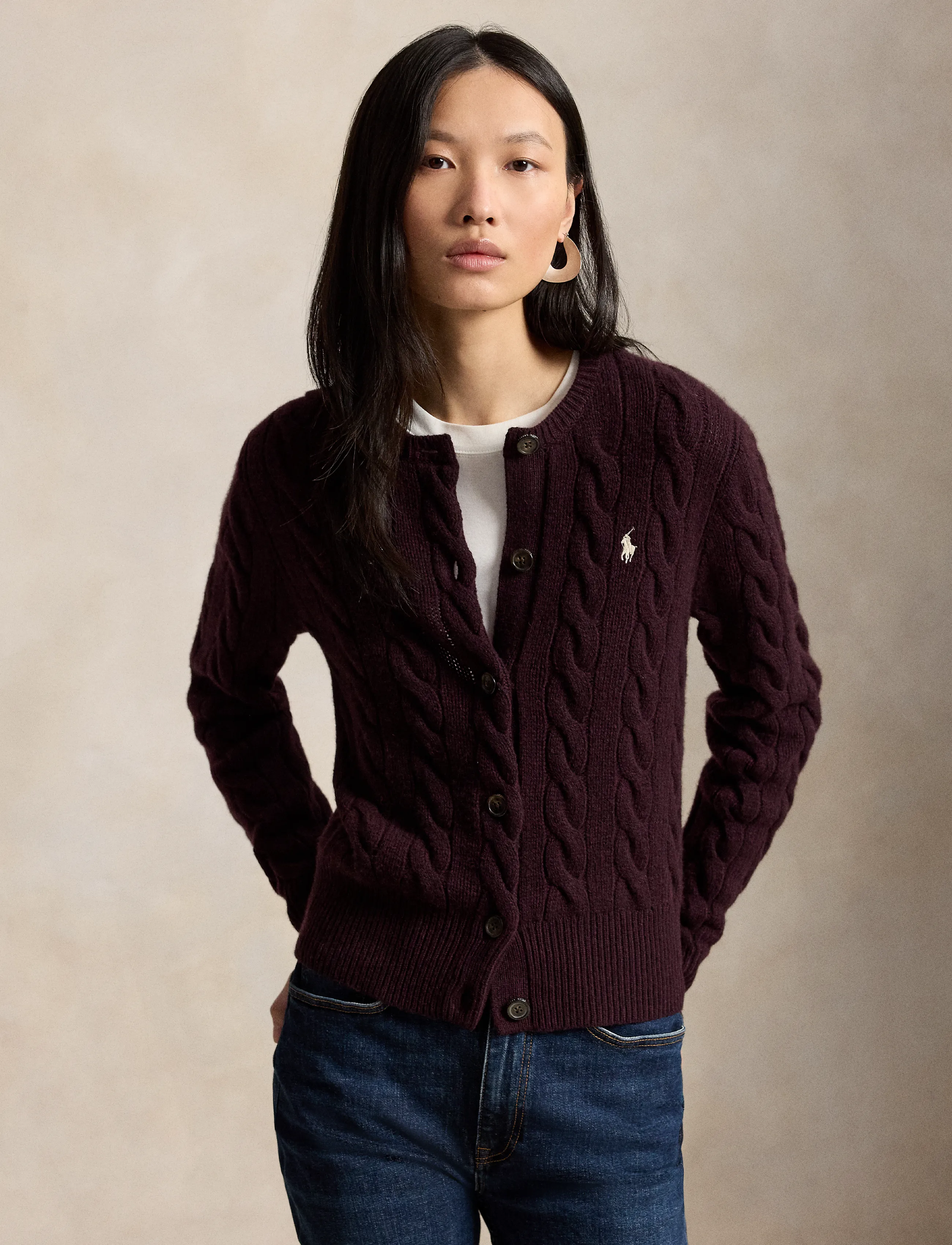 Polo Ralph Lauren Cable-Knit Wool-Cashmere Cardigan - Stickat - DAMSON MELANGE / burgundy