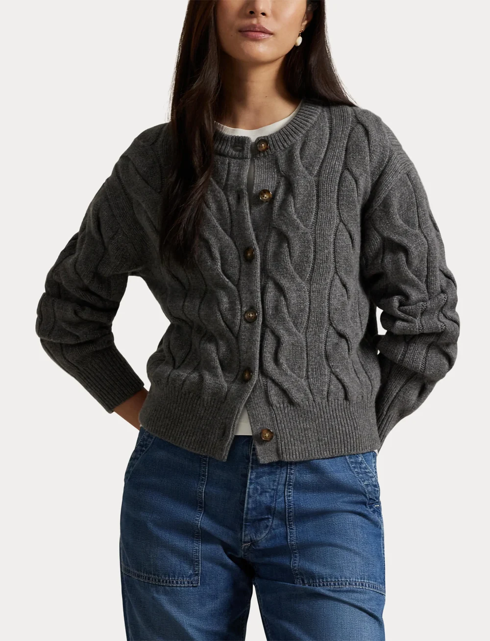 Polo Ralph Lauren - Cable-Knit Wool-Cashmere Cardigan - kardiganid - flannel grey heat - 5