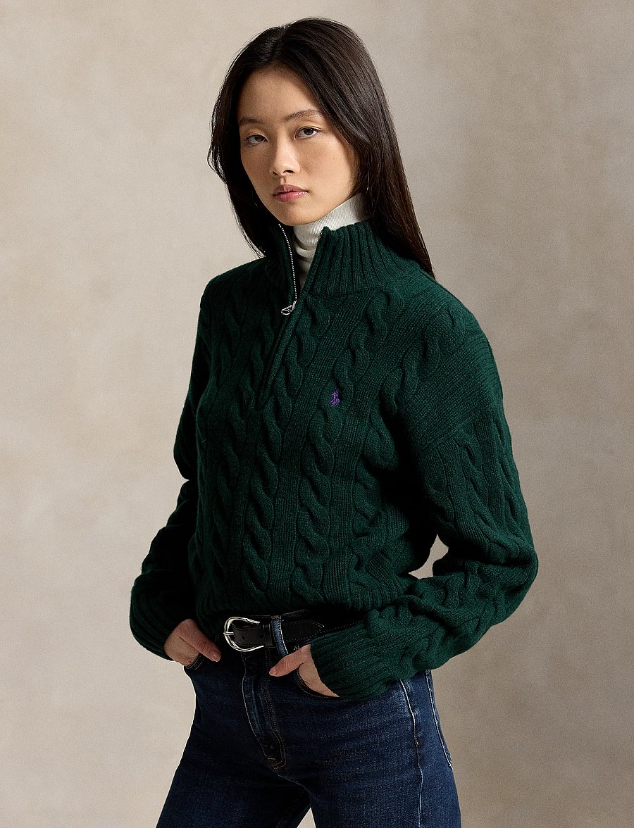 Polo Ralph Lauren - Cable Wool-Cashmere Half-Zip Sweater - kaschmir - college green - 0