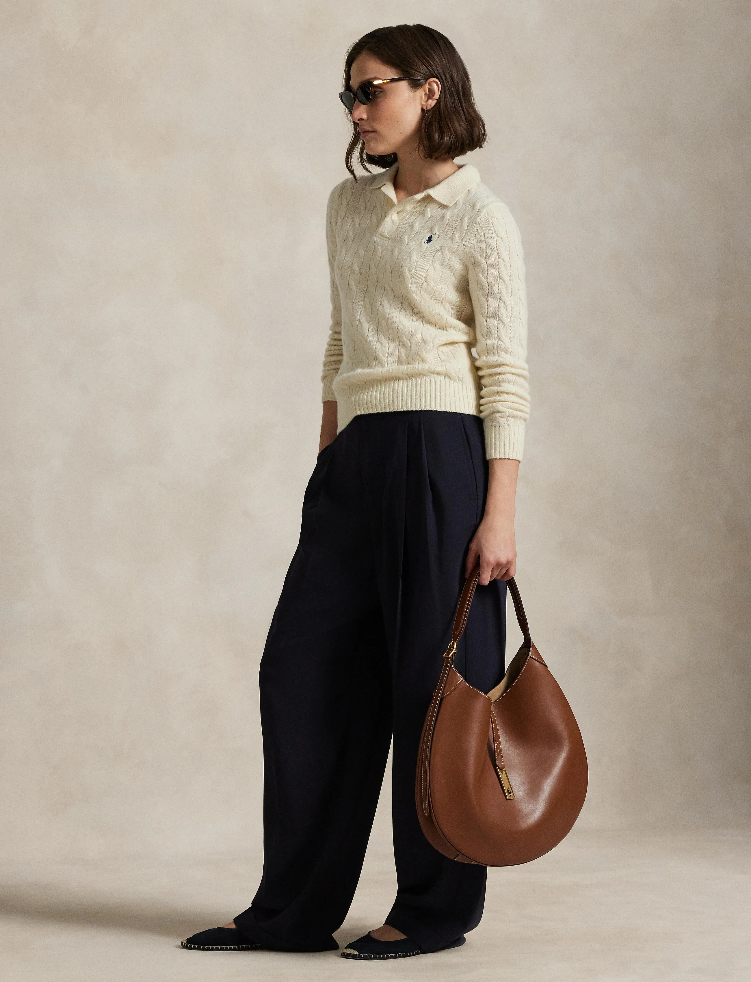 Polo Ralph Lauren Cable-Knit Wool-Cashmere Polo Sweater, Kvinder, Kabelstrikket Polo Sweater, Cream, Str: M