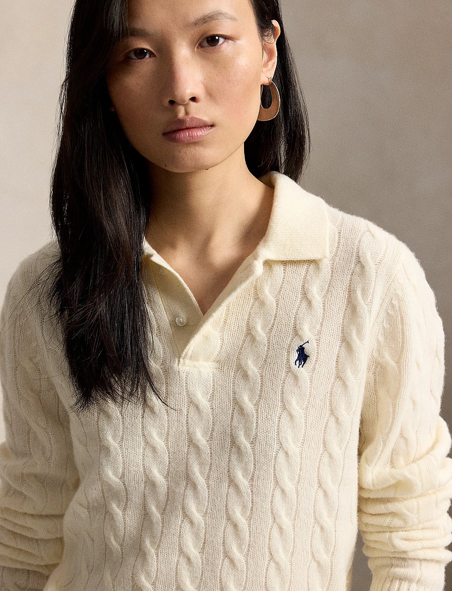 Polo Ralph Lauren - Cable-Knit Wool-Cashmere Polo Sweater - langärmlige hemden - authentic cream - 4
