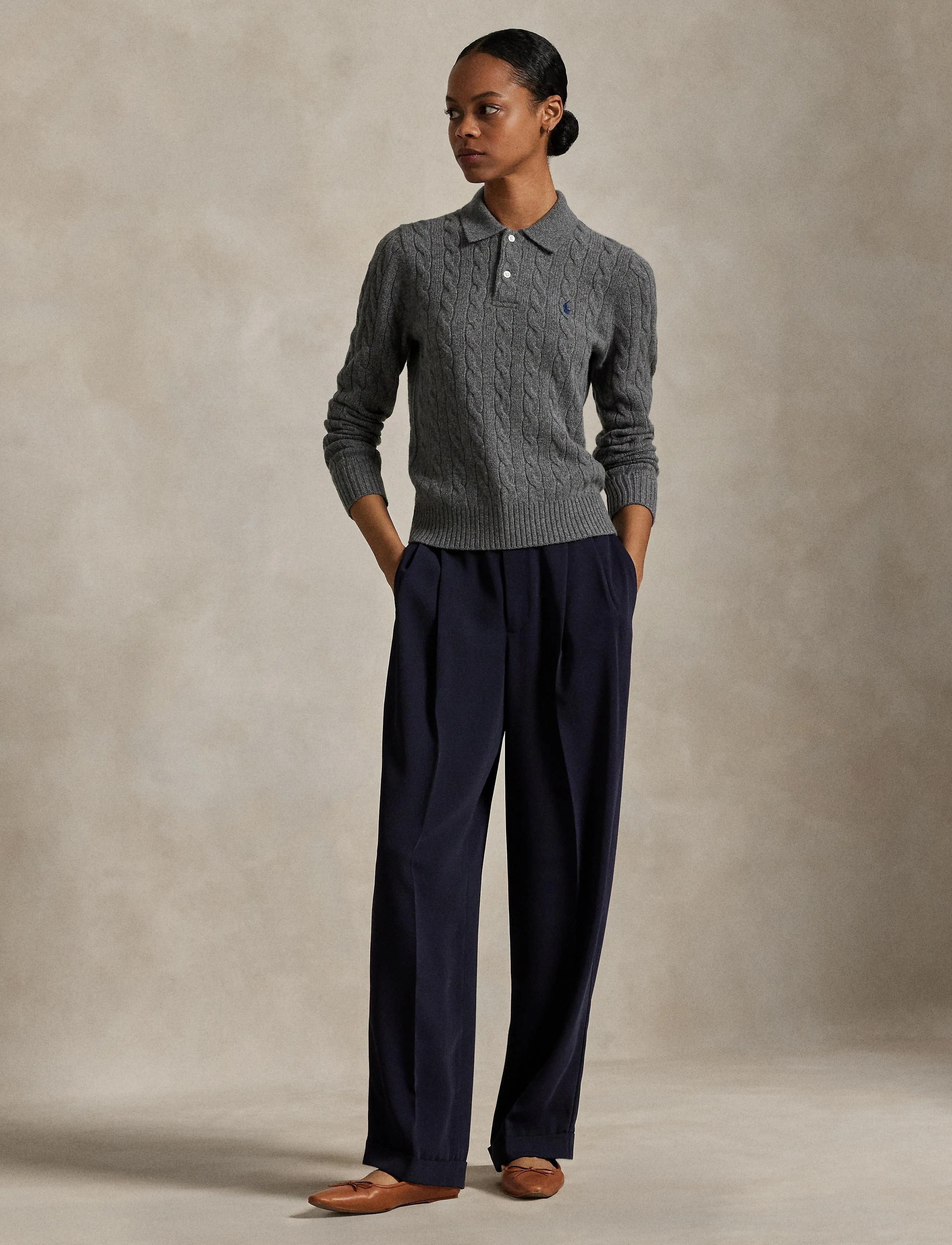 Polo Ralph Lauren Cable-Knit Wool-Cashmere Polo Sweater, Kvinder, Kabelstrikket Polo Sweater, Grå, Str: XS
