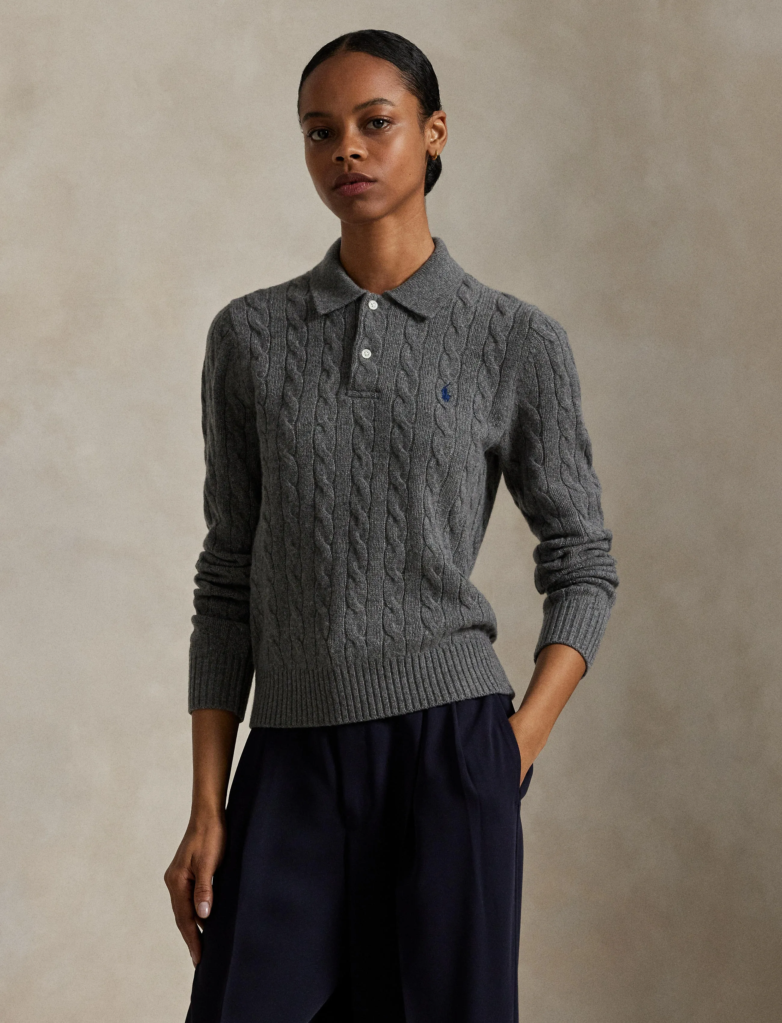 Polo Ralph Lauren - Cable-Knit Wool-Cashmere Polo Sweater - long-sleeved shirts - flannel grey heat - 3