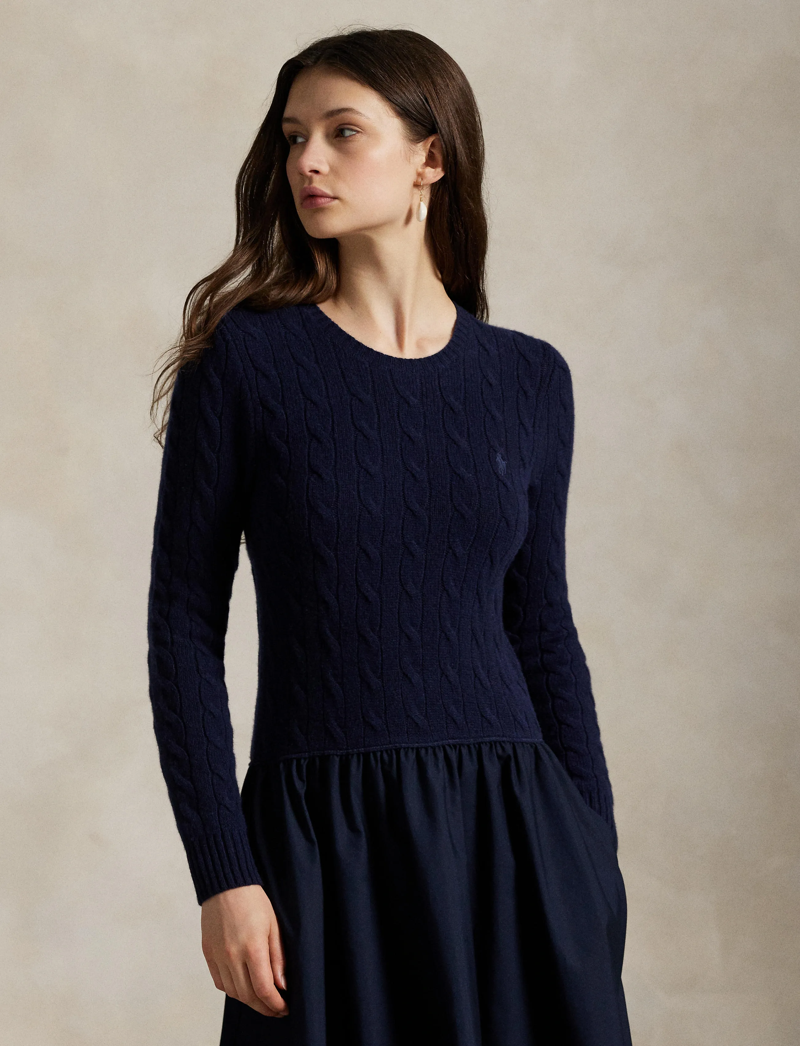 Polo Ralph Lauren Cable-Knit Poplin Dress - Midi Dresses - HUNTER NAVY / navy