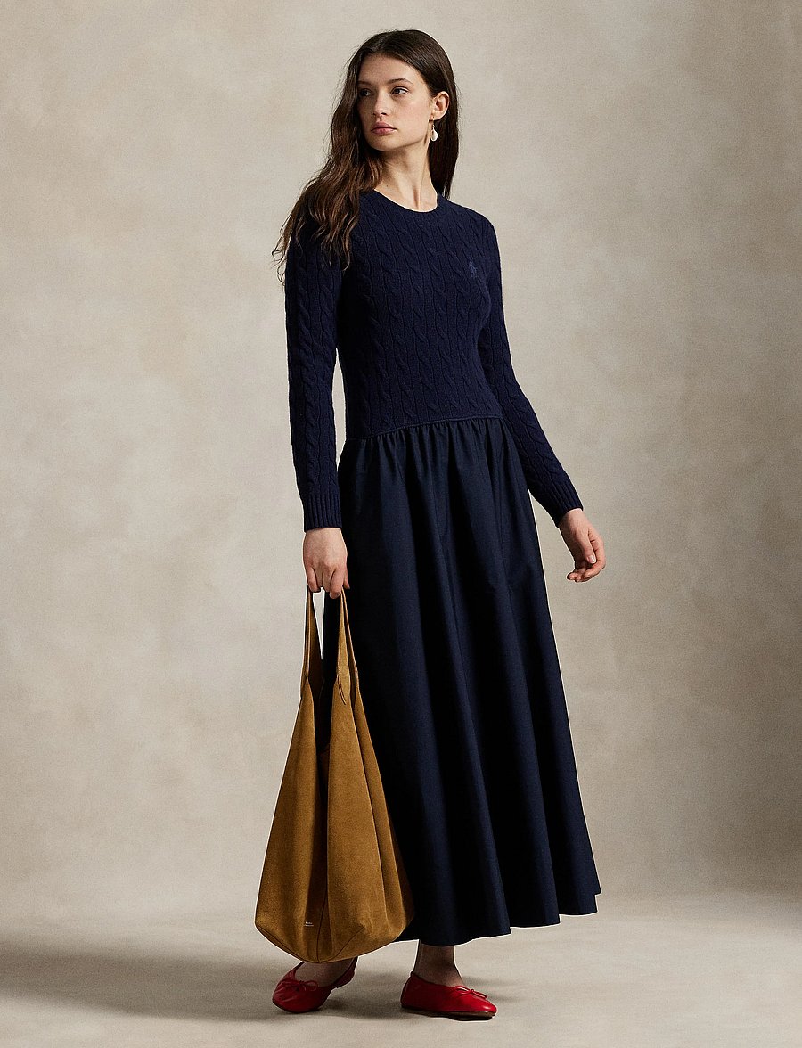 Polo Ralph Lauren - Cable-Knit Poplin Dress - knitted dresses - hunter navy - 3