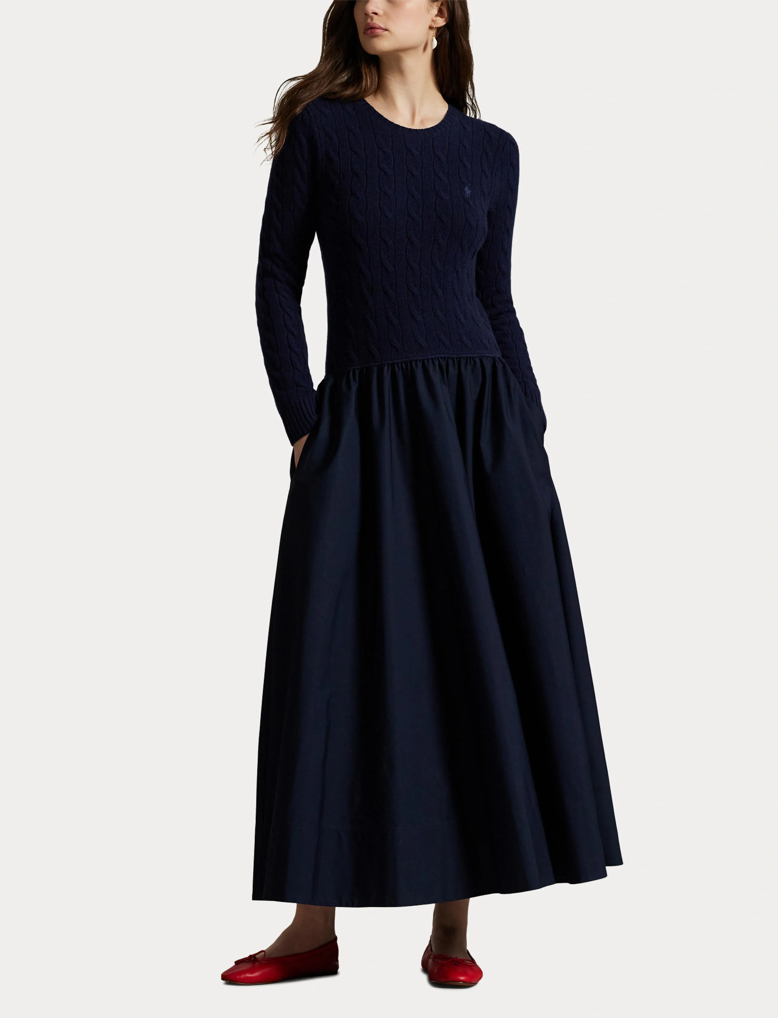 Polo Ralph Lauren - Cable-Knit Poplin Dress - knitted dresses - hunter navy - 4