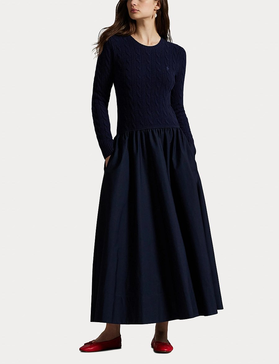Polo Ralph Lauren - Cable-Knit Poplin Dress - knitted dresses - hunter navy - 4