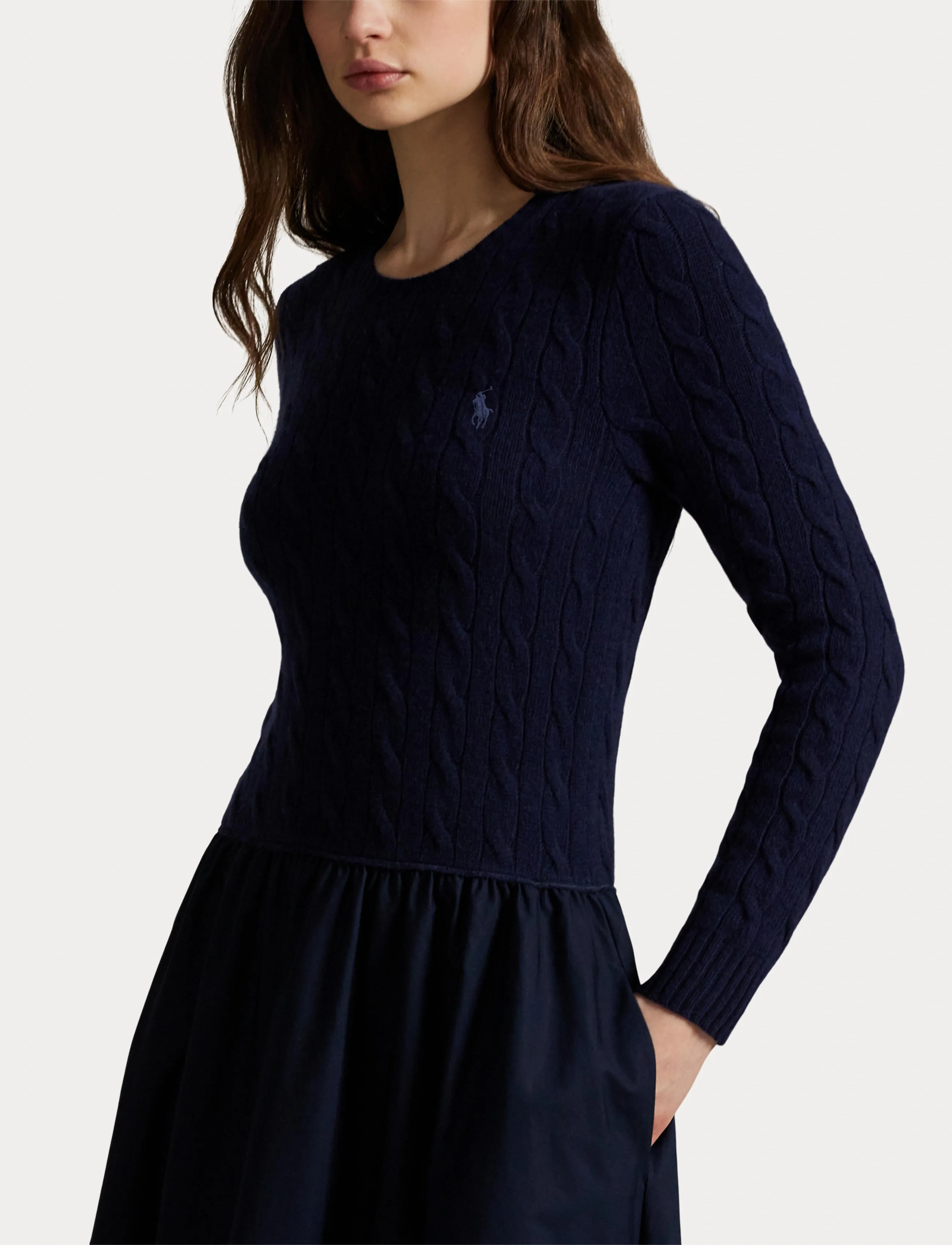 Polo Ralph Lauren - Cable-Knit Poplin Dress - knitted dresses - hunter navy - 5