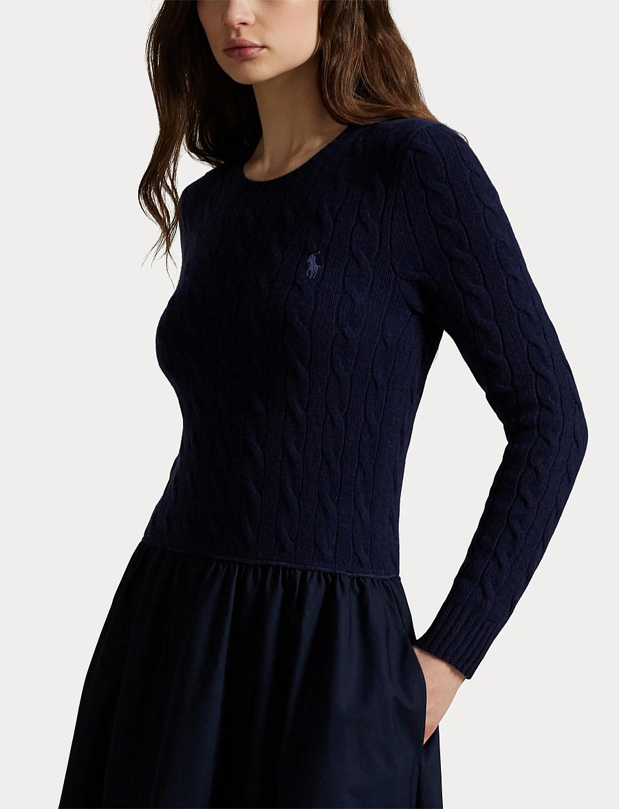 Polo Ralph Lauren - Cable-Knit Poplin Dress - knitted dresses - hunter navy - 5