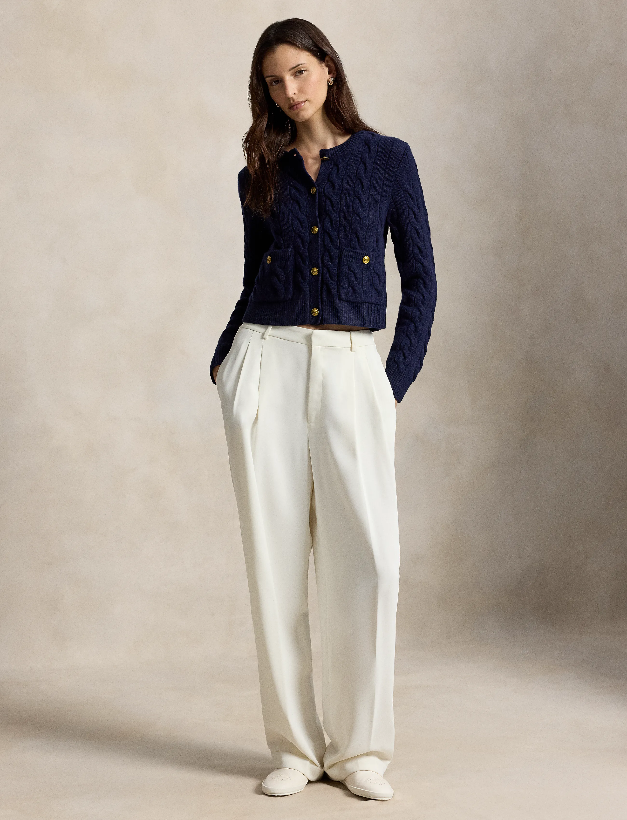 Polo Ralph Lauren Cable Wool-Cashmere Cardigan, M, Navy, Strik > Cardigans, Dame