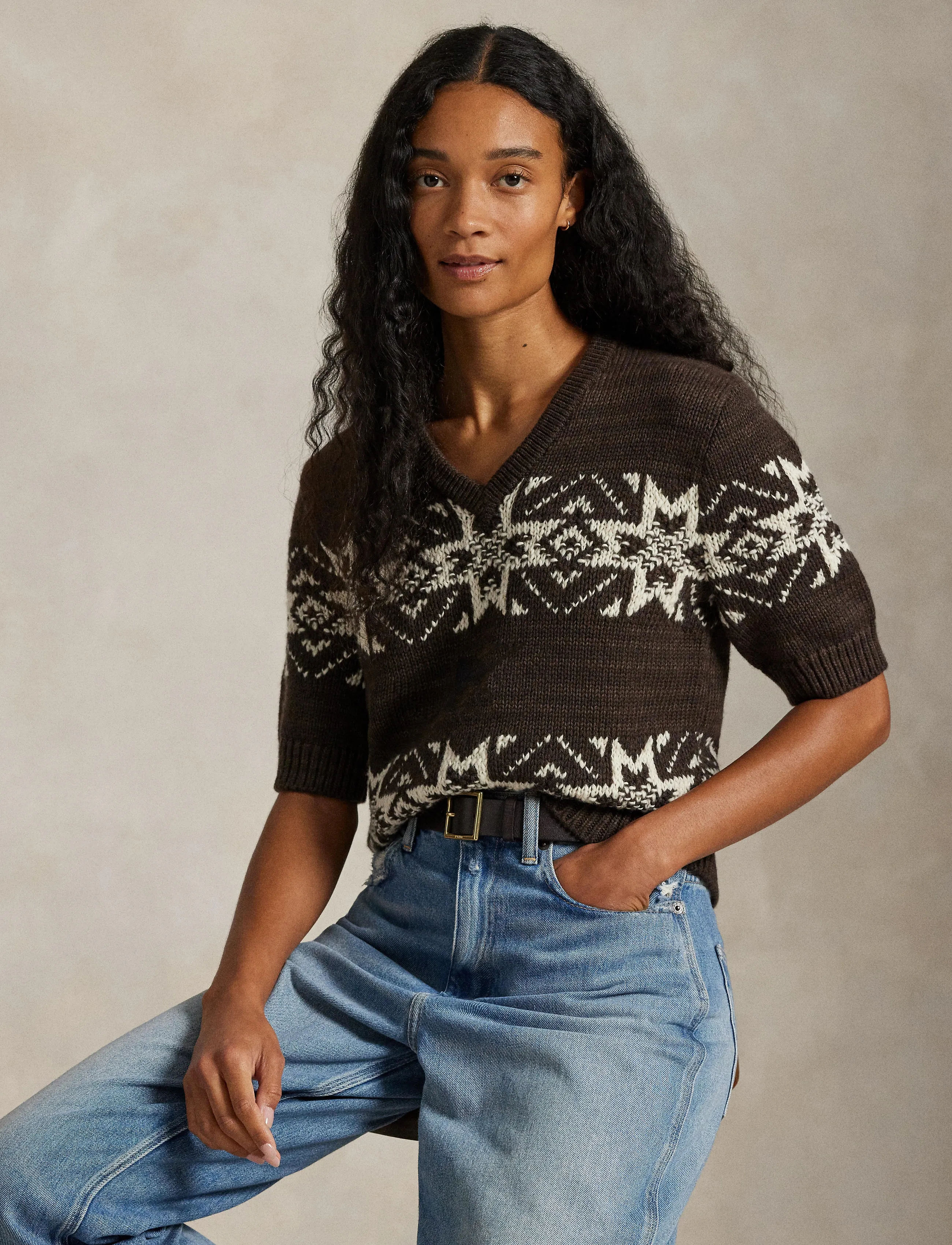 Polo Ralph Lauren - Snowflake V-Neck Short-Sleeve Sweater - brown multi - 3