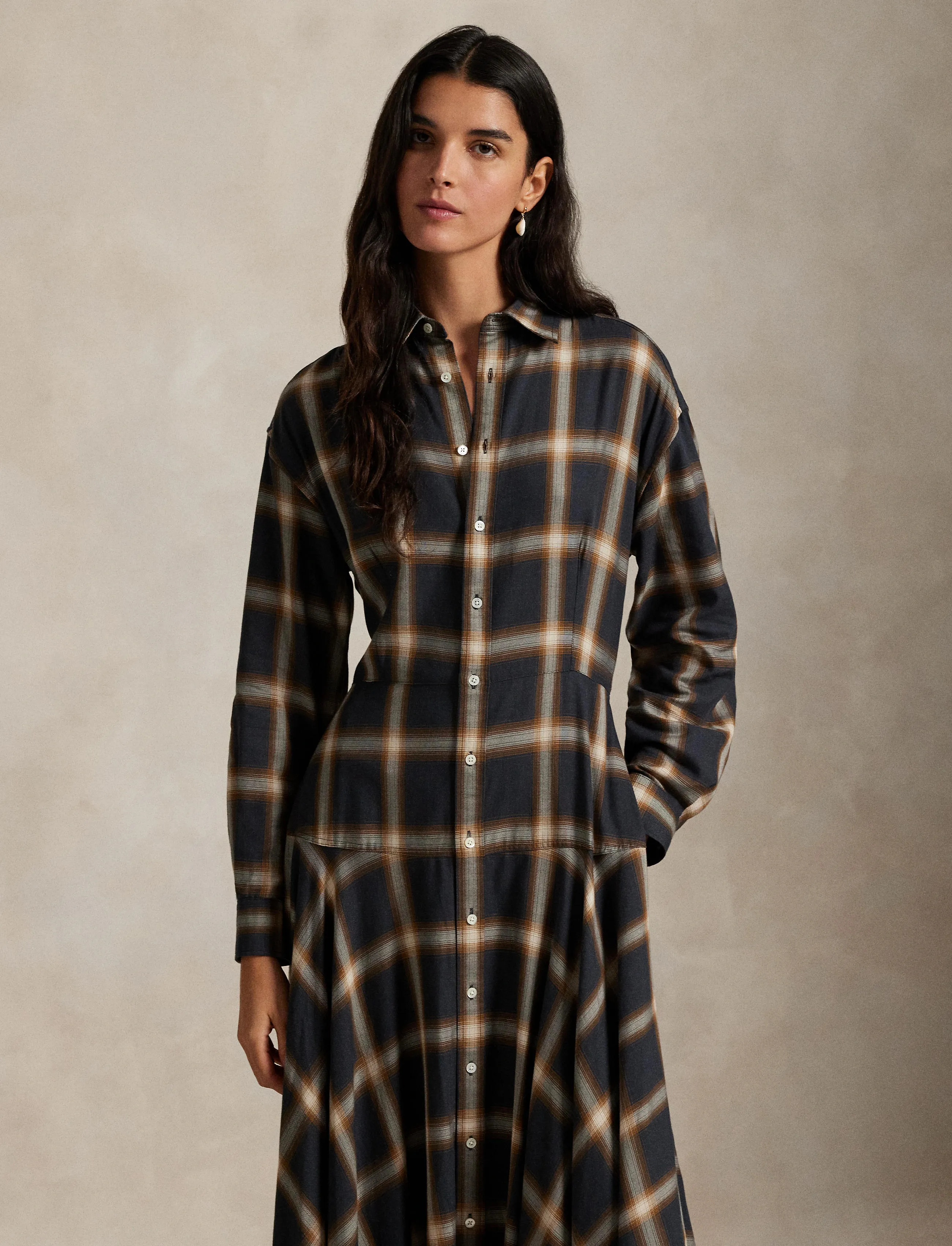 Polo Ralph Lauren Plaid Twill Paneled Shirtdress, Kvinder, Tern Paneleret Skjortekjole, Brun, Str: 32