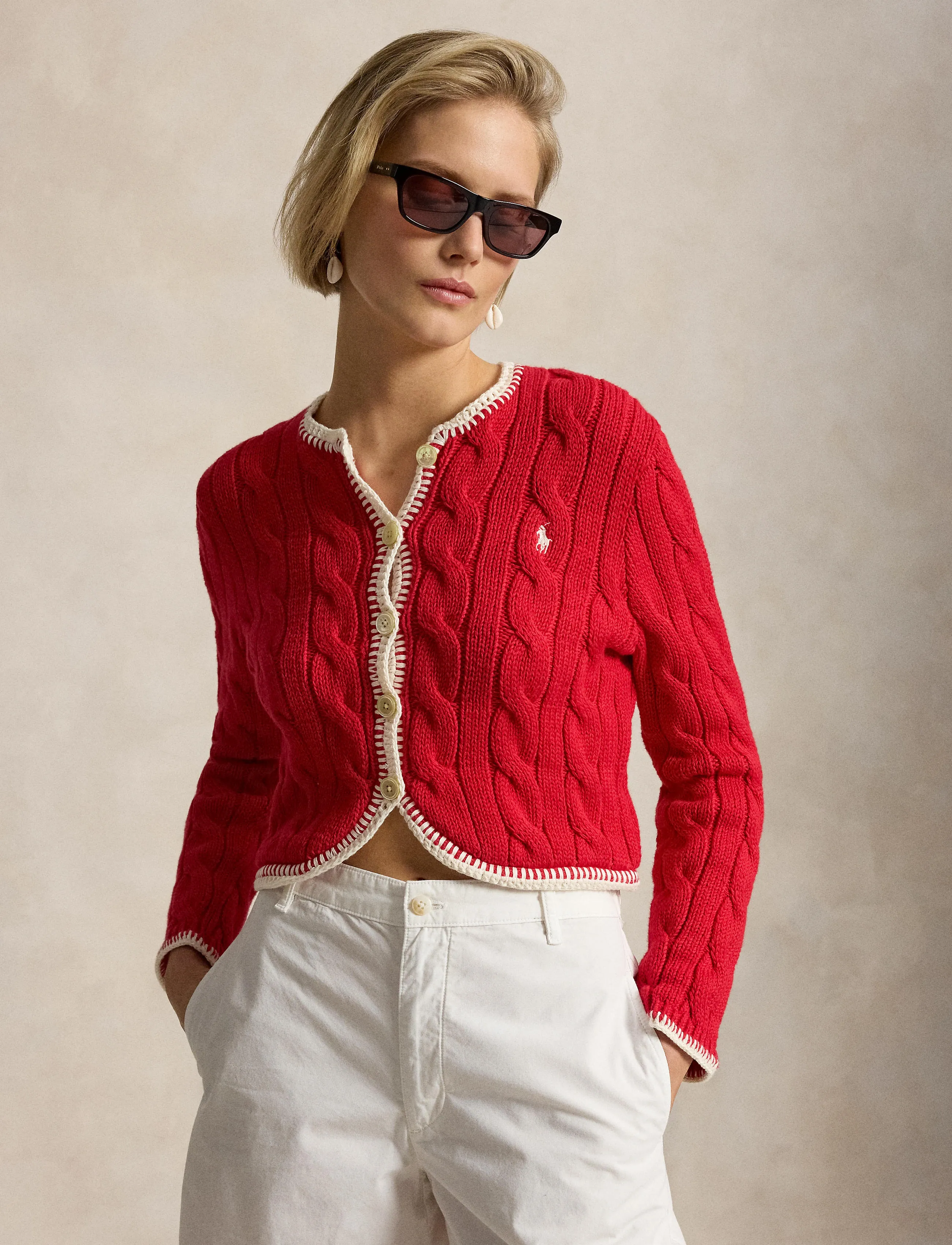 Polo Ralph Lauren 1/4-5 COTTON-SWEATER-CARDIGAN - Ralph Lauren - CRUISE RED / red