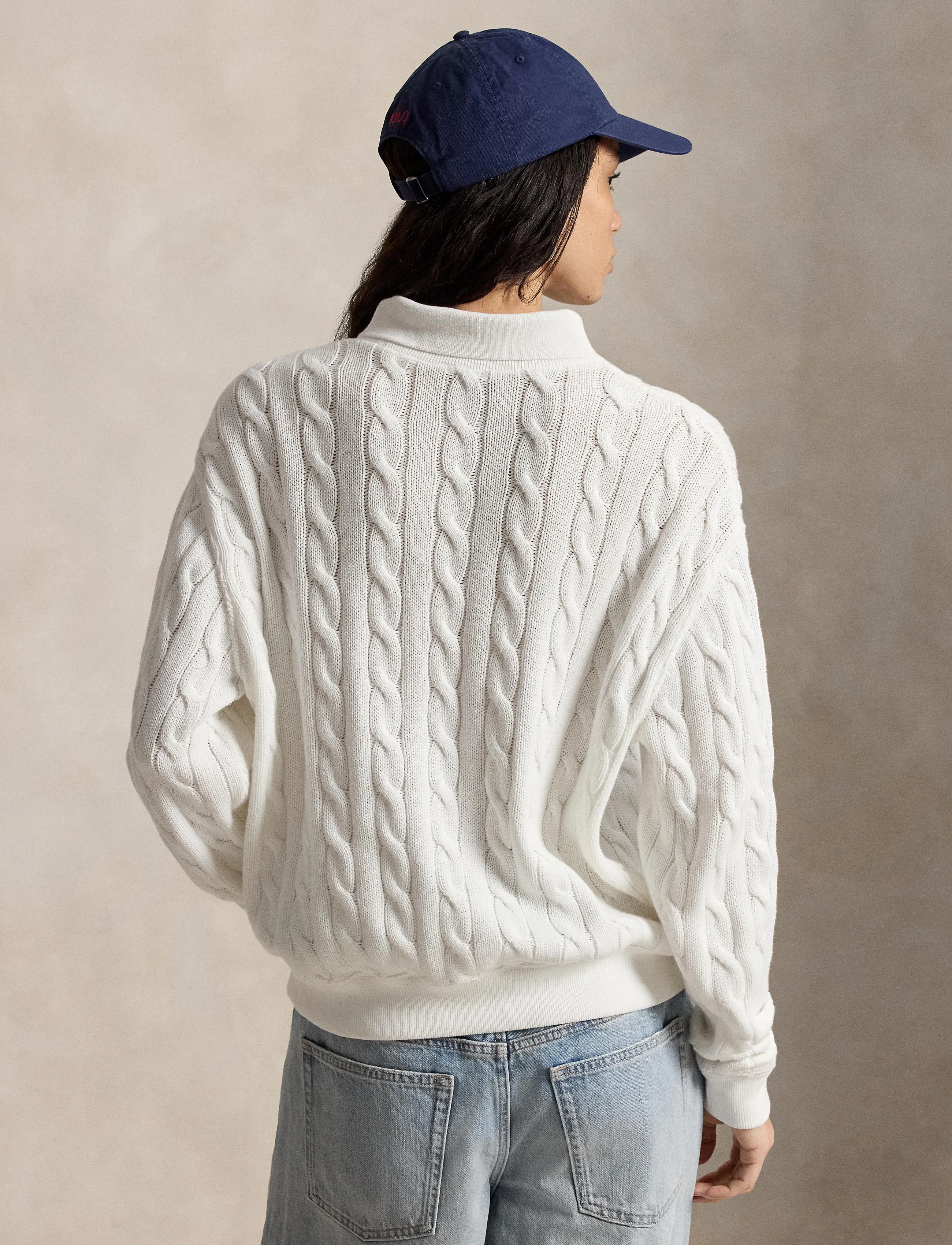 Polo Ralph Lauren 2/20 Cotton-Knt-Polo, Kvinder, Kabelstrikket Polo Sweater, Hvid, Str: L