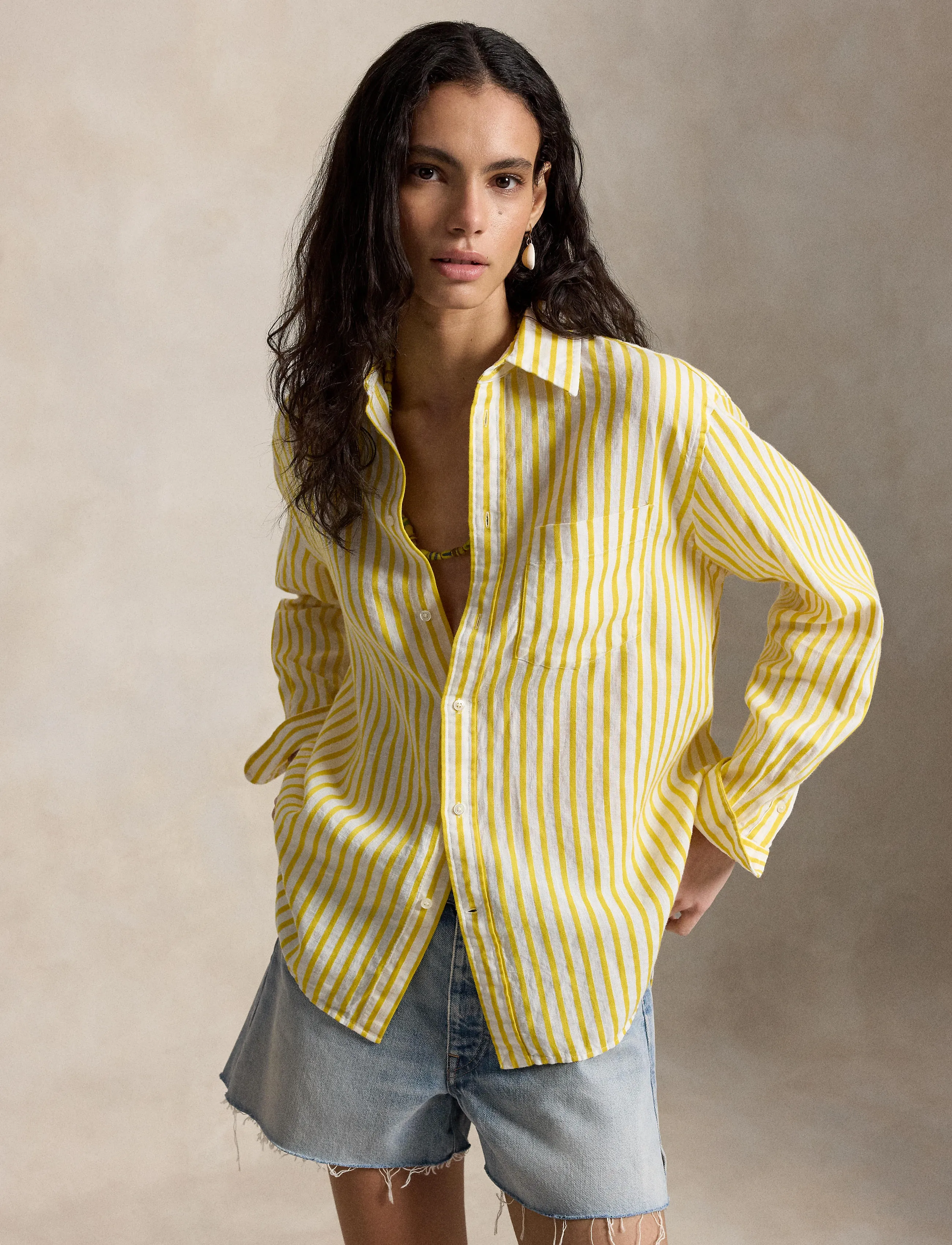 Polo Ralph Lauren Yd Linen/Cotton-Wvn-Shirt, M, Yellow, Skjorter > Kortærmede, Dame