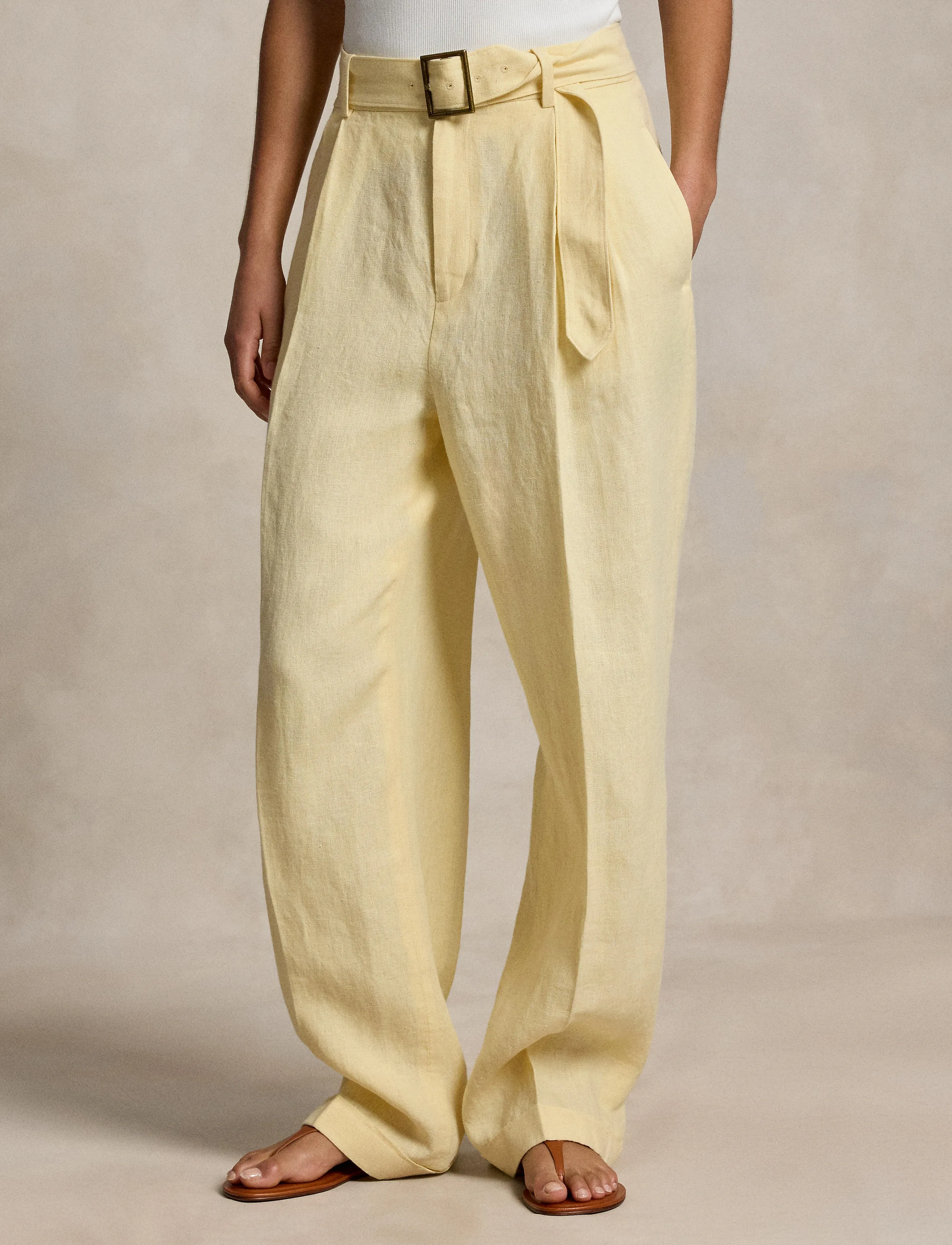 Polo Ralph Lauren 9/1 Yd Linen-Wvn-Pants, Kvinder, Højtaljede Bælte Plisserede Linned Bukser, Gul, Str: 34