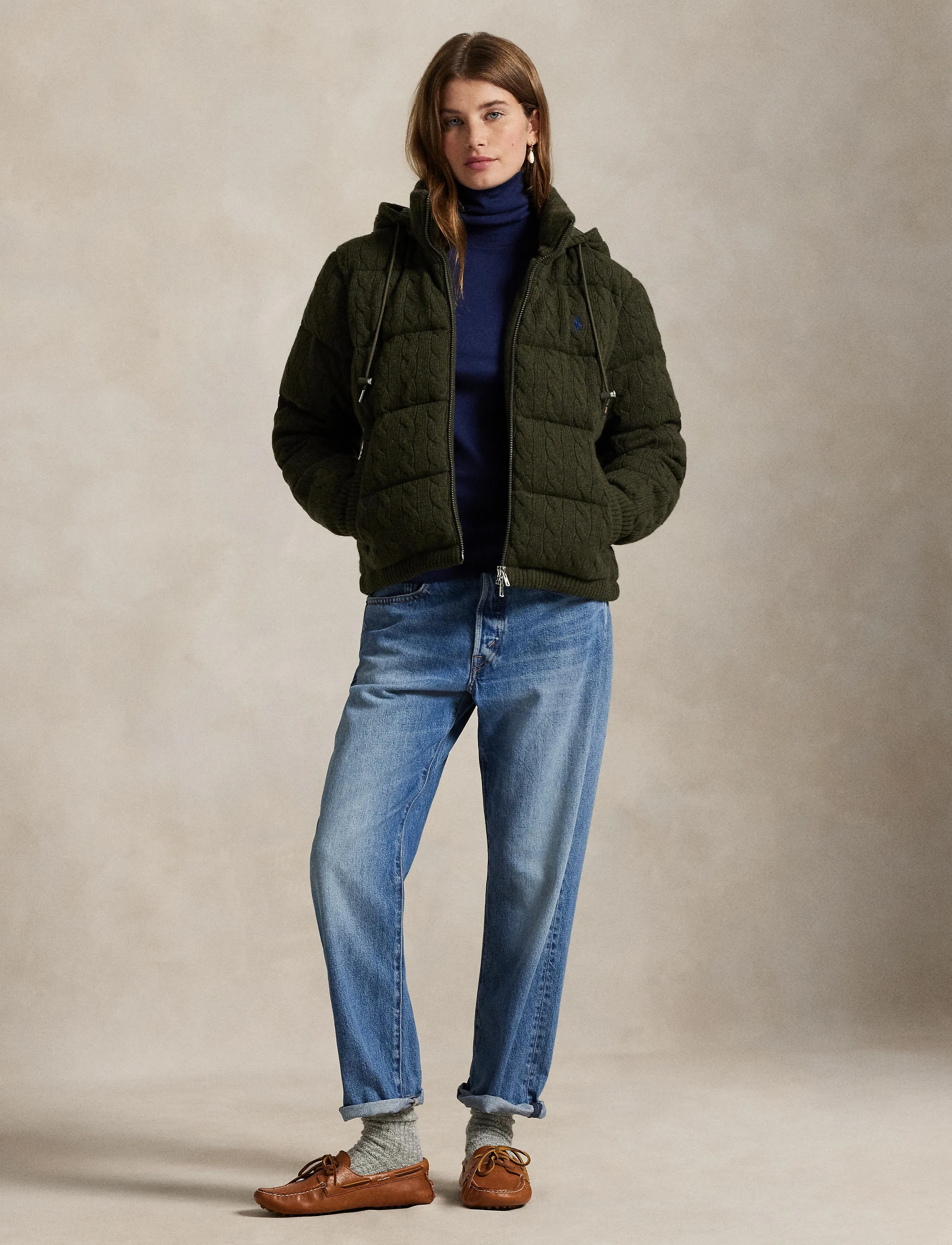 Polo Ralph Lauren Cable-Knit Wool-Cashmere Quilted Jacket - Vinterjakker - GREEN BAY MELANGE / khaki/green