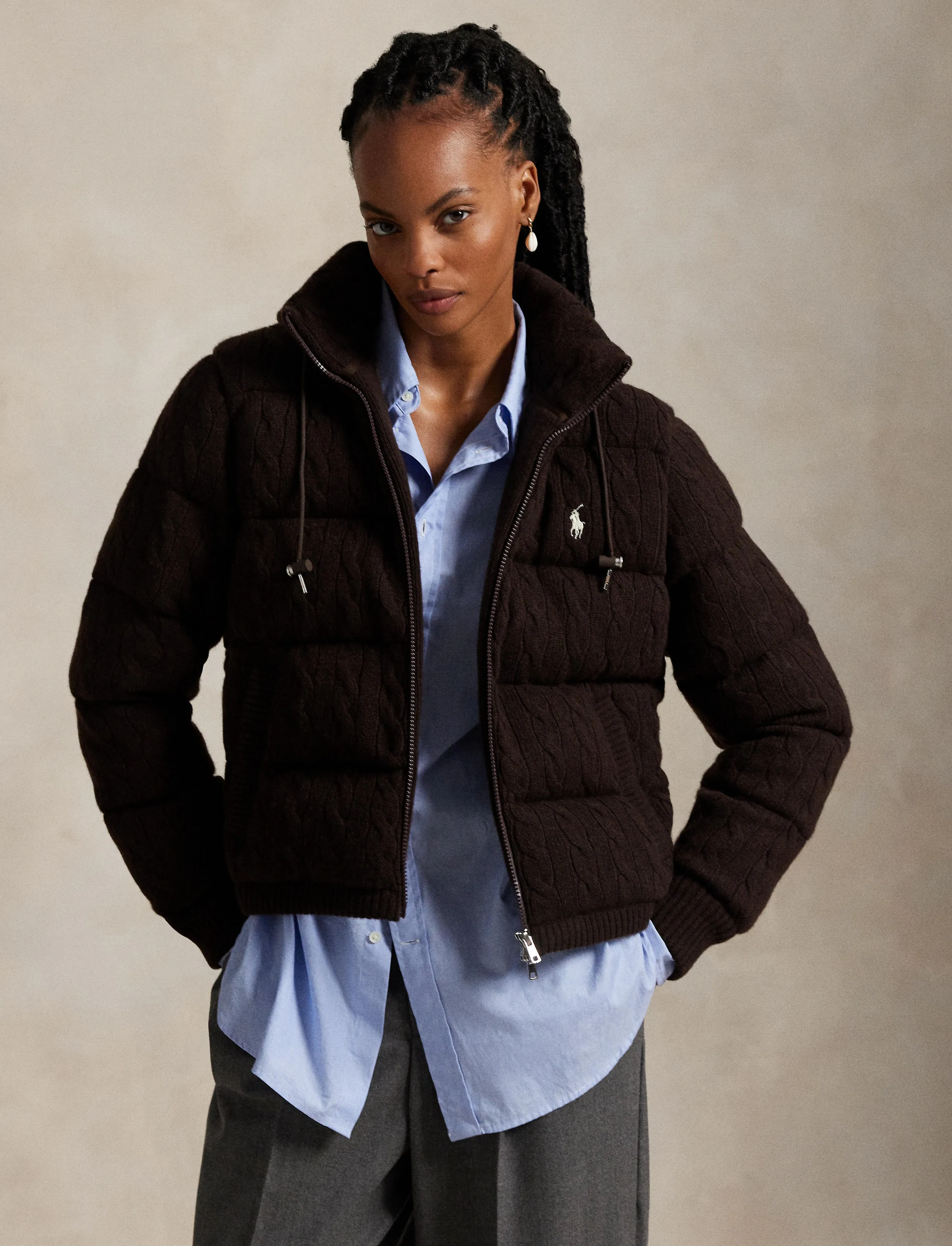Polo Ralph Lauren - Cable-Knit Wool-Cashmere Quilted Jacket - forede jakker - walnut brown mela - 3