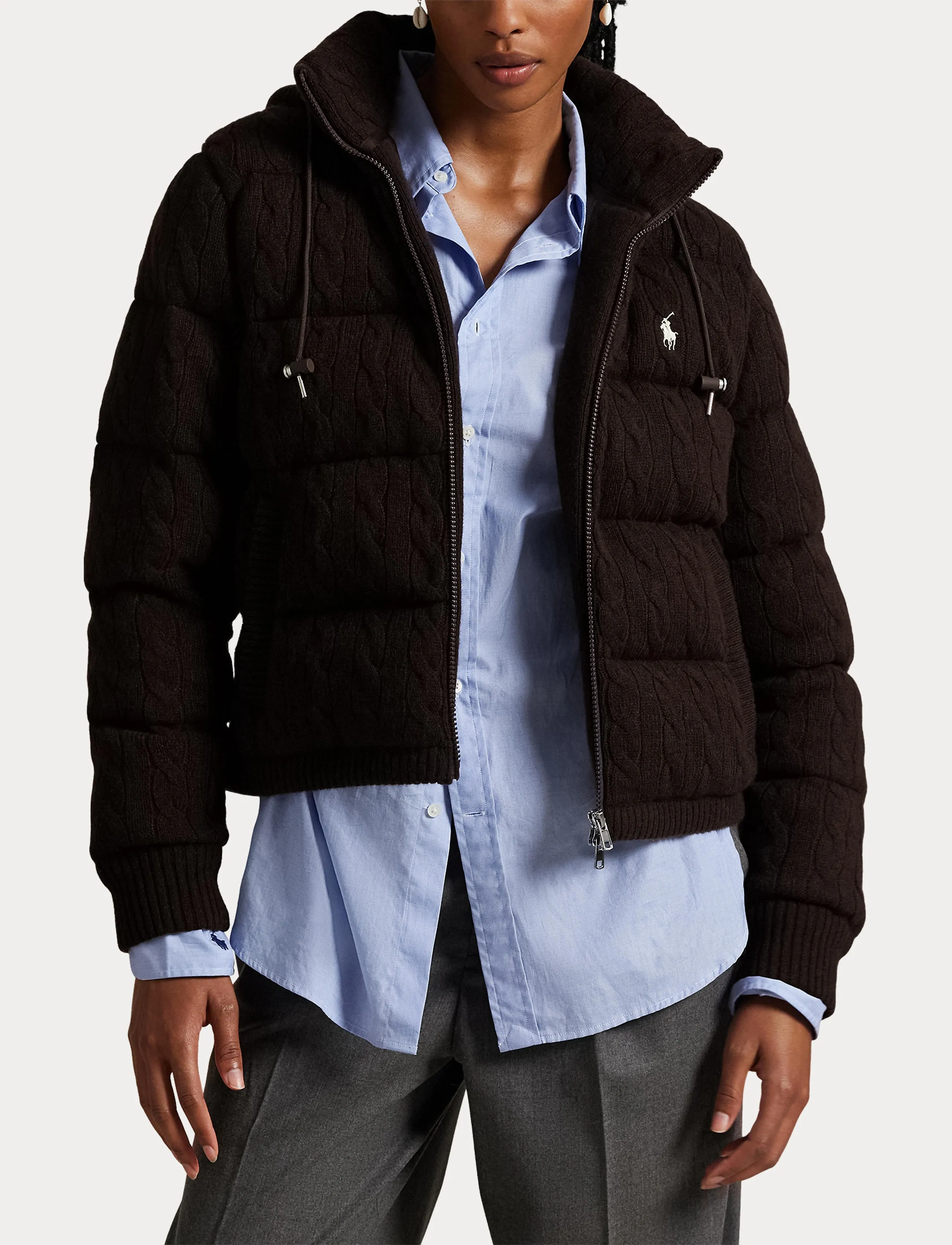 Polo Ralph Lauren - Cable-Knit Wool-Cashmere Quilted Jacket - forede jakker - walnut brown mela - 5