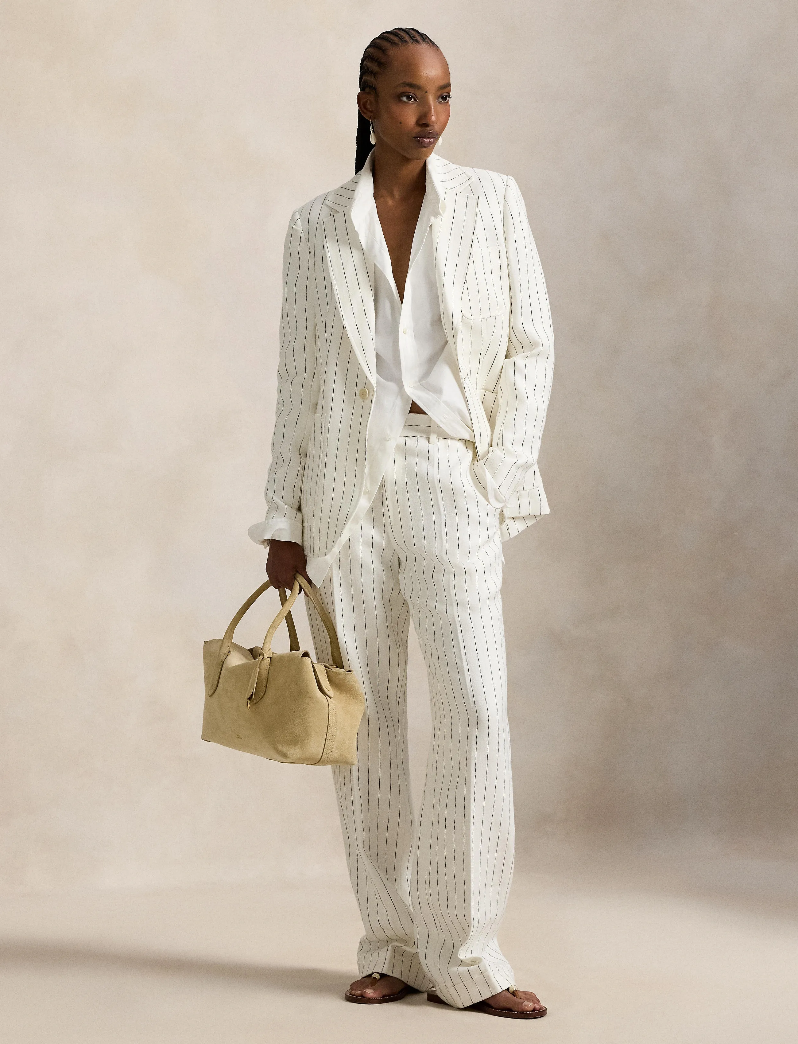 Polo Ralph Lauren Striped Hemp Blazer - Ralph Lauren - CRM/BRWN PINSTRIP / white