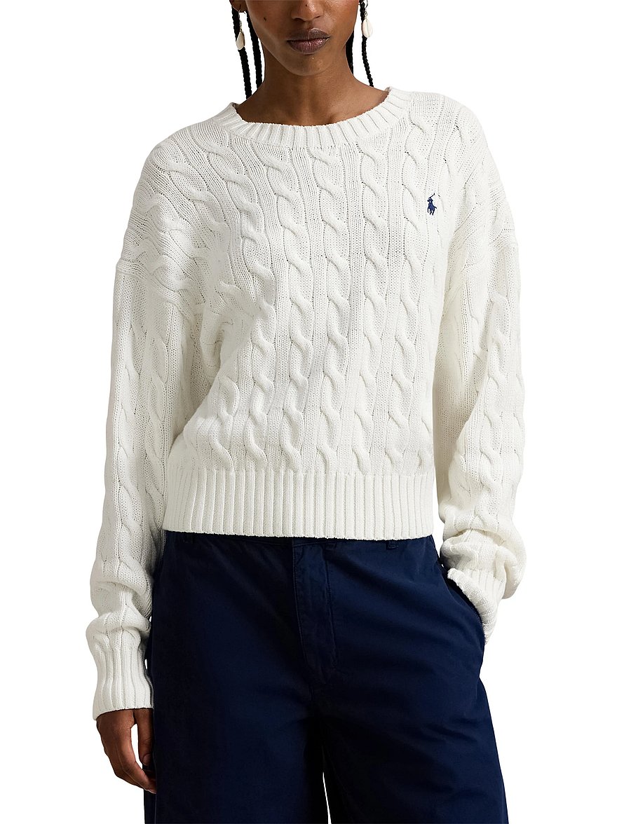 Polo Ralph Lauren - Cable-Knit Cotton Crewneck Sweater - peysur - white - 5
