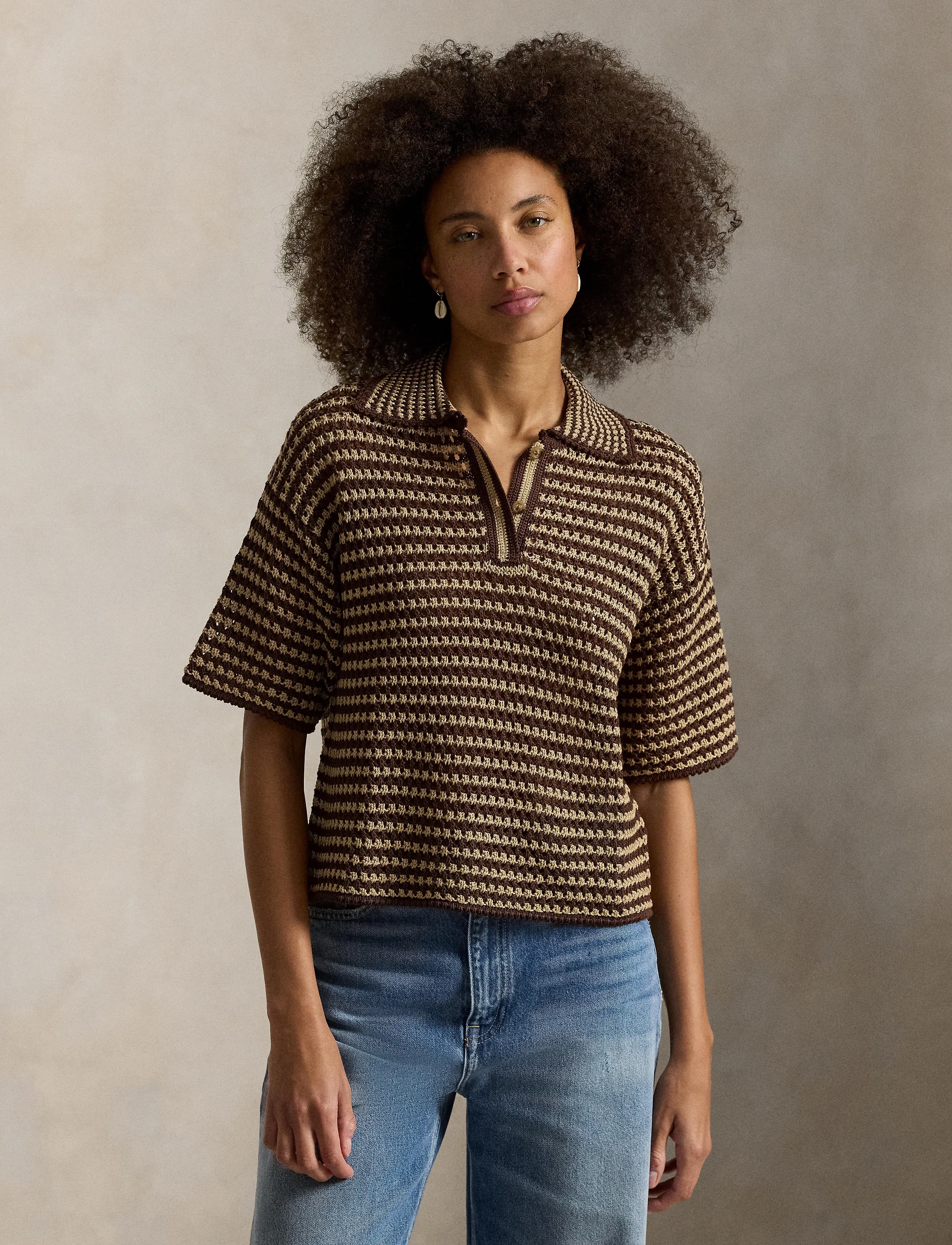 Polo Ralph Lauren Striped Knit Cotton Polo Shirt - Pullover - CHOCOLATE STRIPE / brown