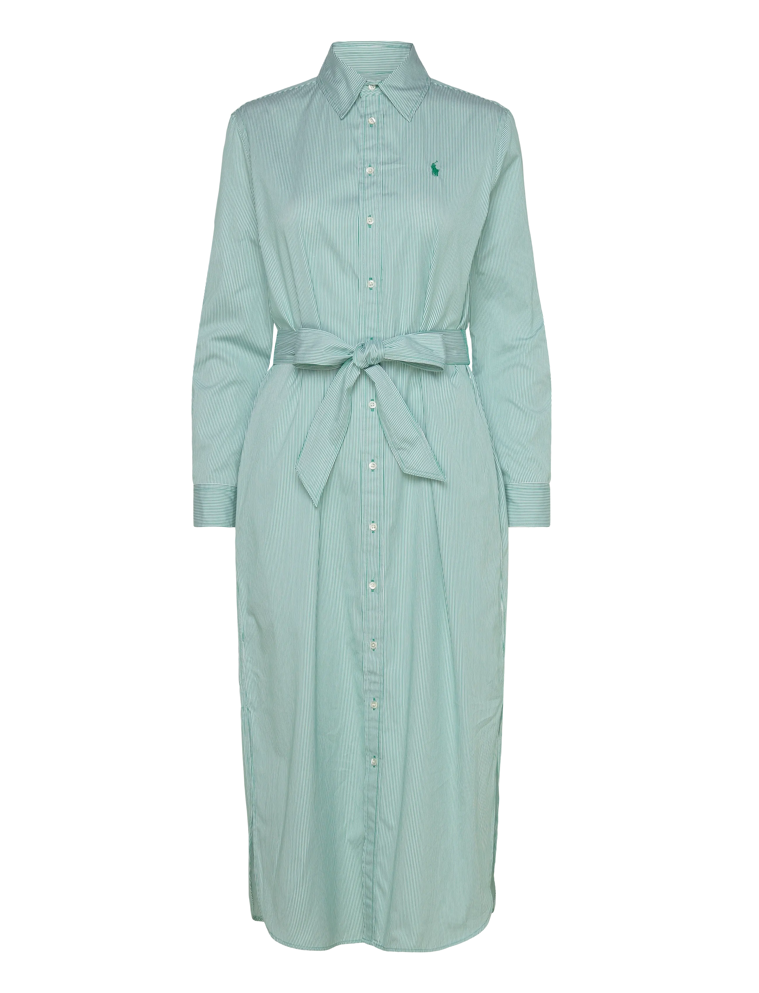 Belted Striped Cotton Shirtdress - 2000B GREEN WHITE