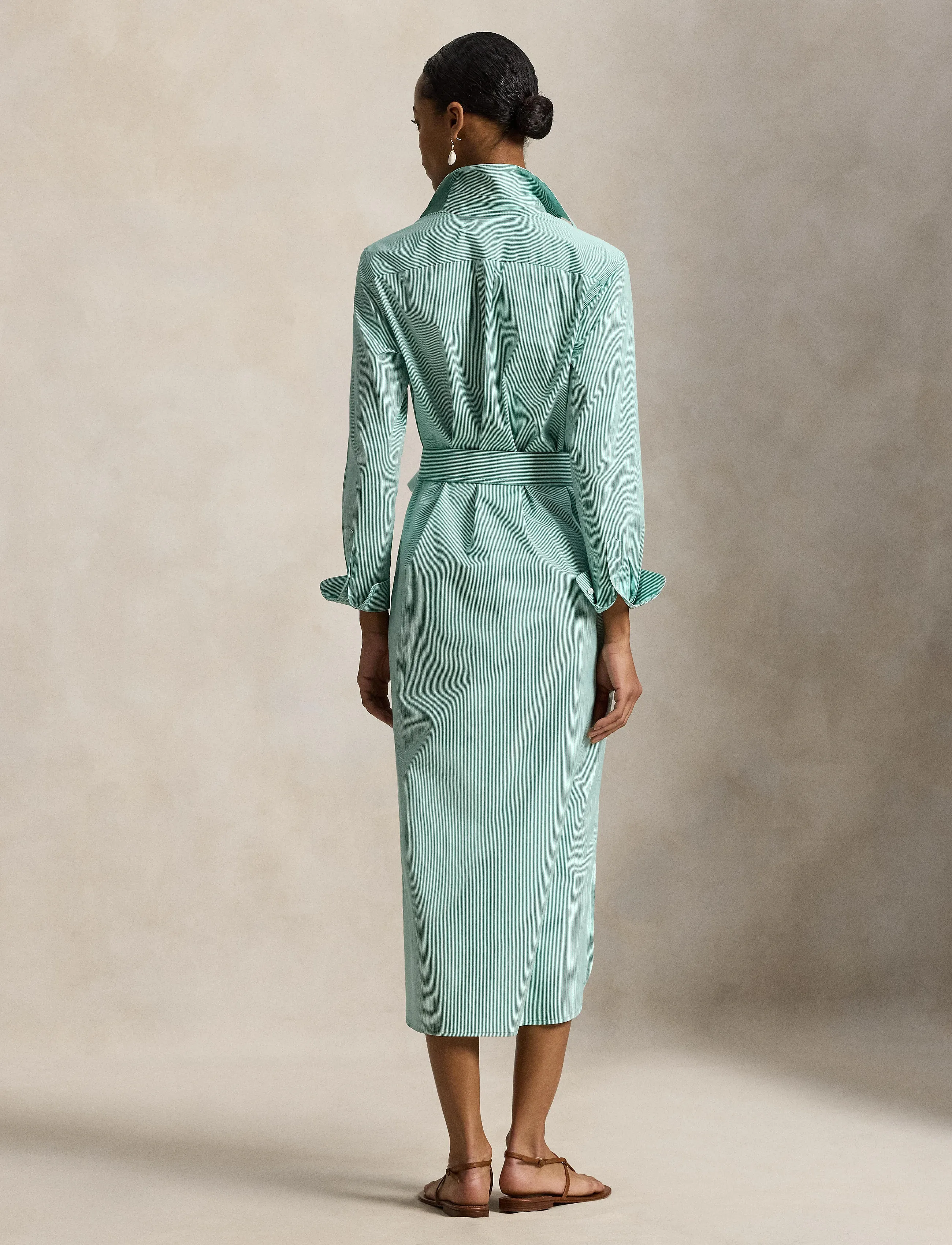 Polo Ralph Lauren - Belted Striped Cotton Shirtdress - midi-kleider - 2000b green white - 4