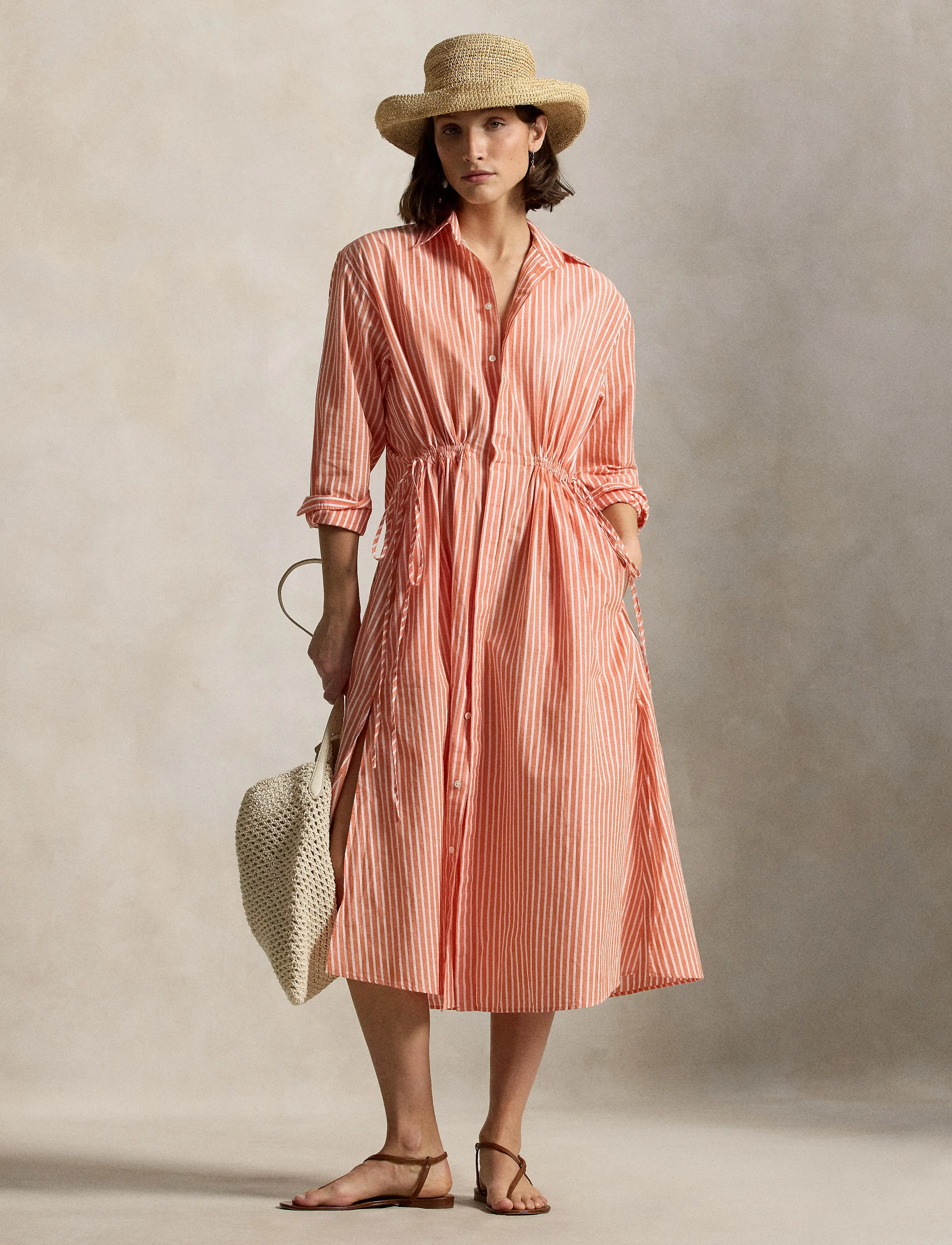 Polo Ralph Lauren Striped Cotton-Linen Drawcord Shirtdress - Vaatteet - ORANGE/WHITE / coral