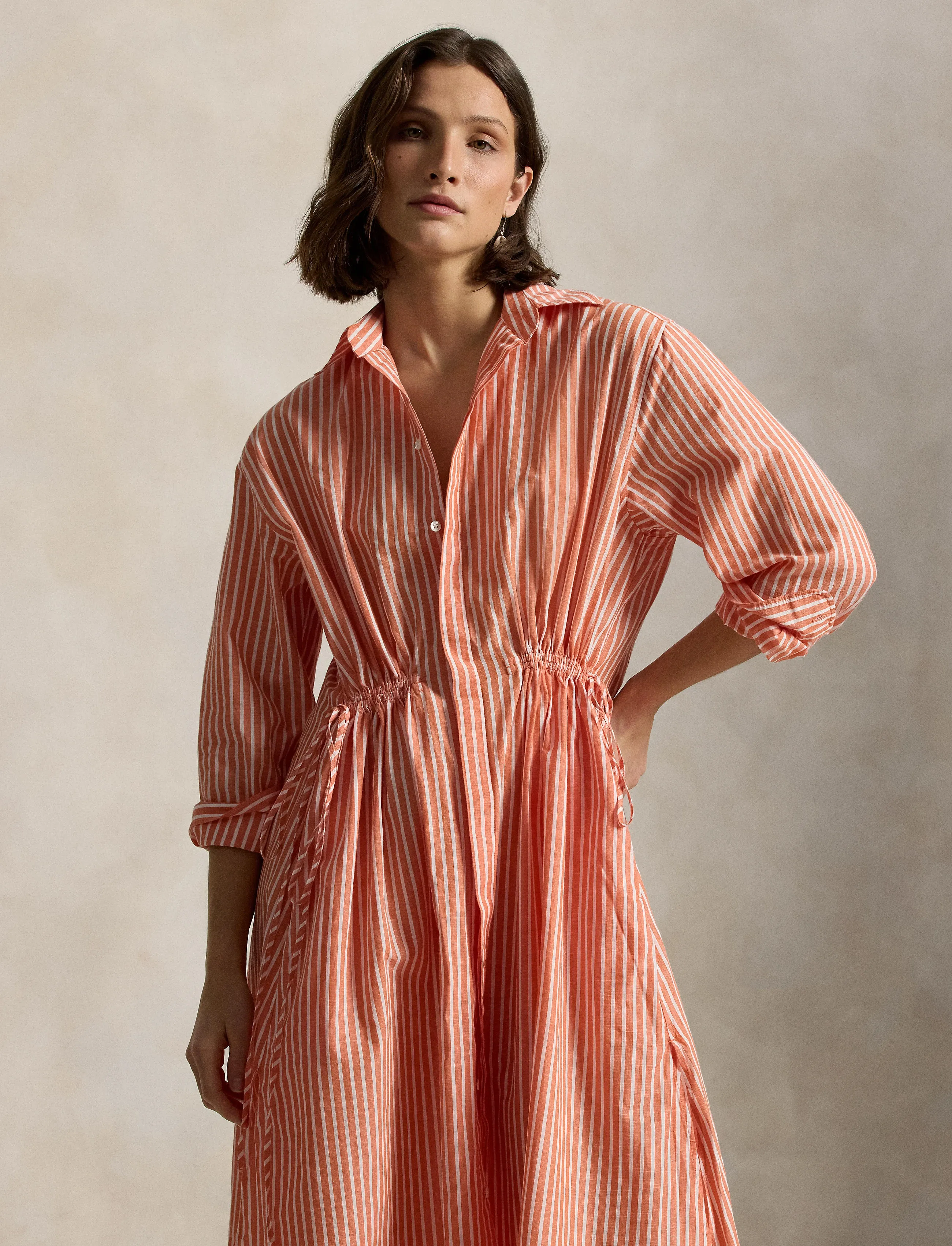 Polo Ralph Lauren Striped Cotton-Linen Drawcord Shirtdress - Clothing - ORANGE/WHITE / coral
