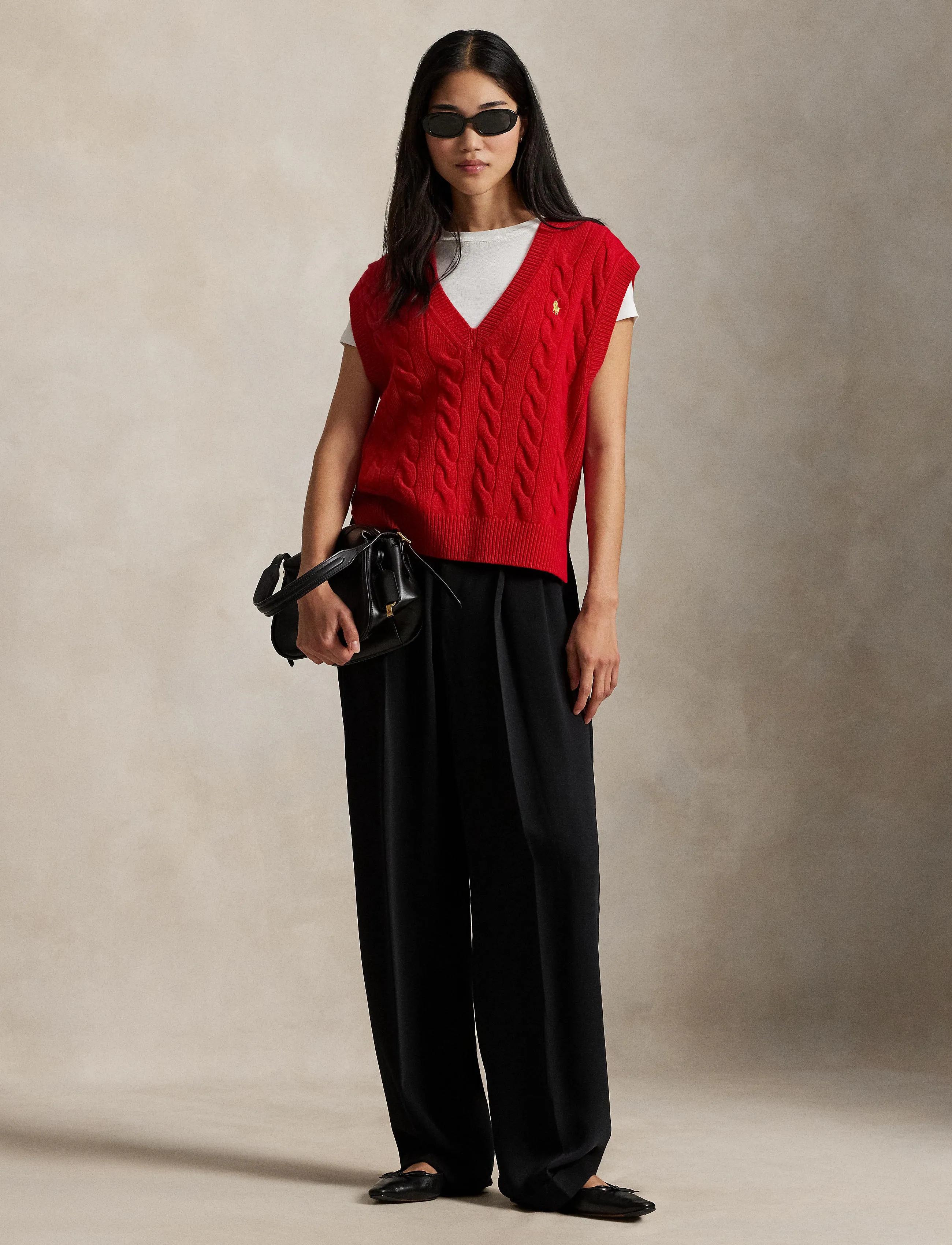 Polo Ralph Lauren Cable-Knit Wool-Cashmere Sweater Vest, Kvinder, Kabelstrikket Sweatervest, Rød, Str: XS