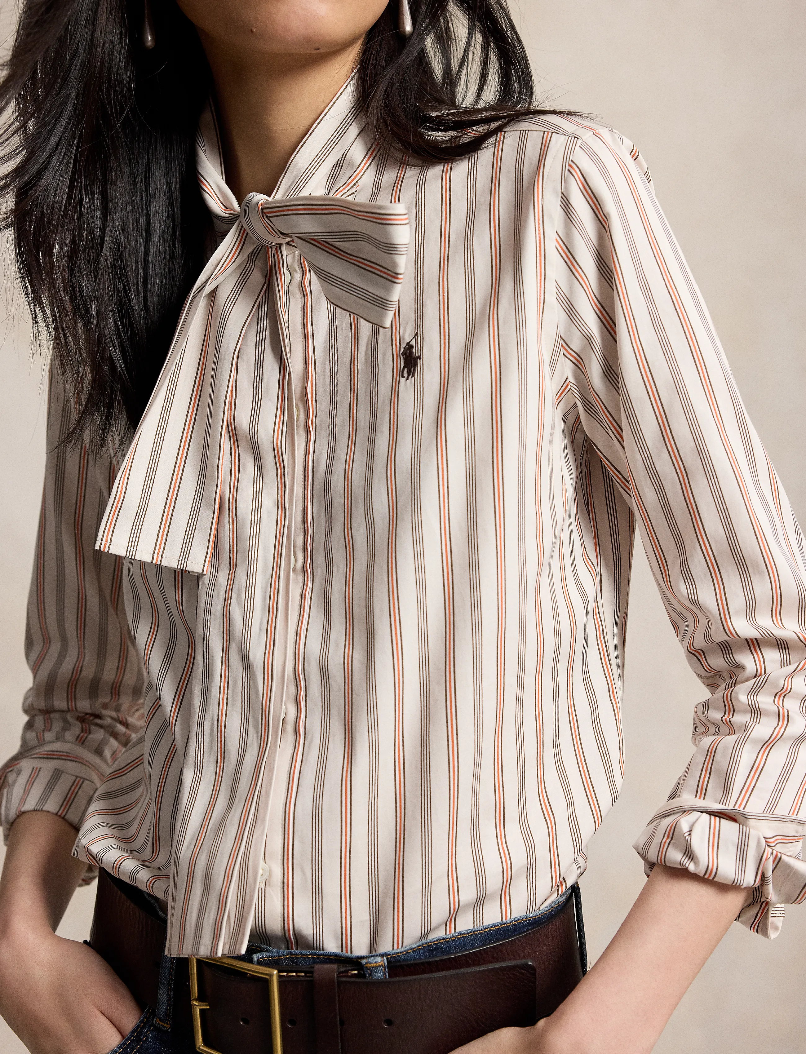 Polo Ralph Lauren - Slim Fit Striped Cotton Tie-Neck Shirt - långärmade skjortor - 2060 crm-brwn-rd - 4