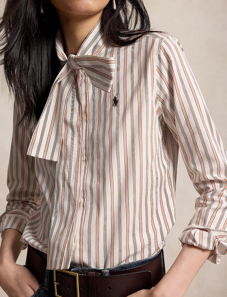 Polo Ralph Lauren - Slim Fit Striped Cotton Tie-Neck Shirt - långärmade skjortor - 2060 crm-brwn-rd - 4