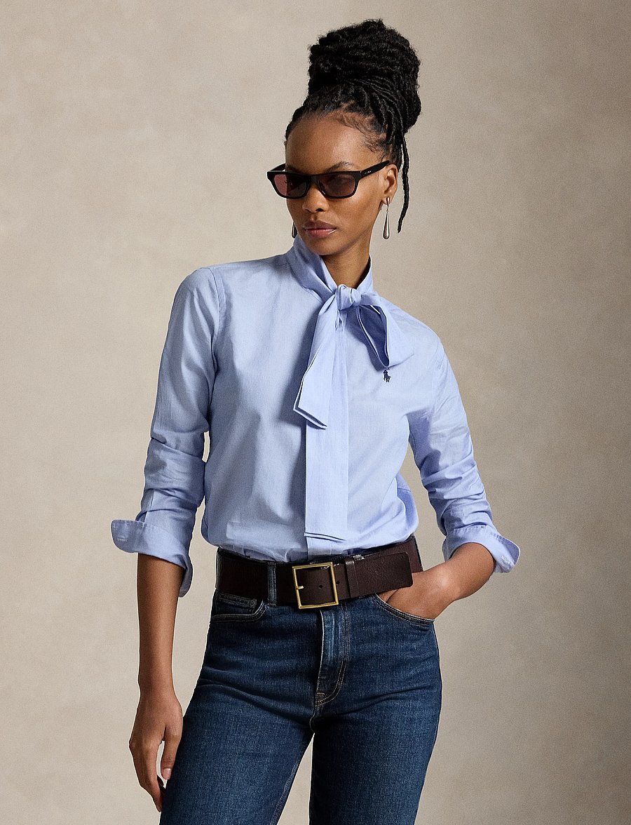 Polo Ralph Lauren - Slim Fit Cotton Tie-Neck Shirt - långärmade skjortor - medium blue - 0
