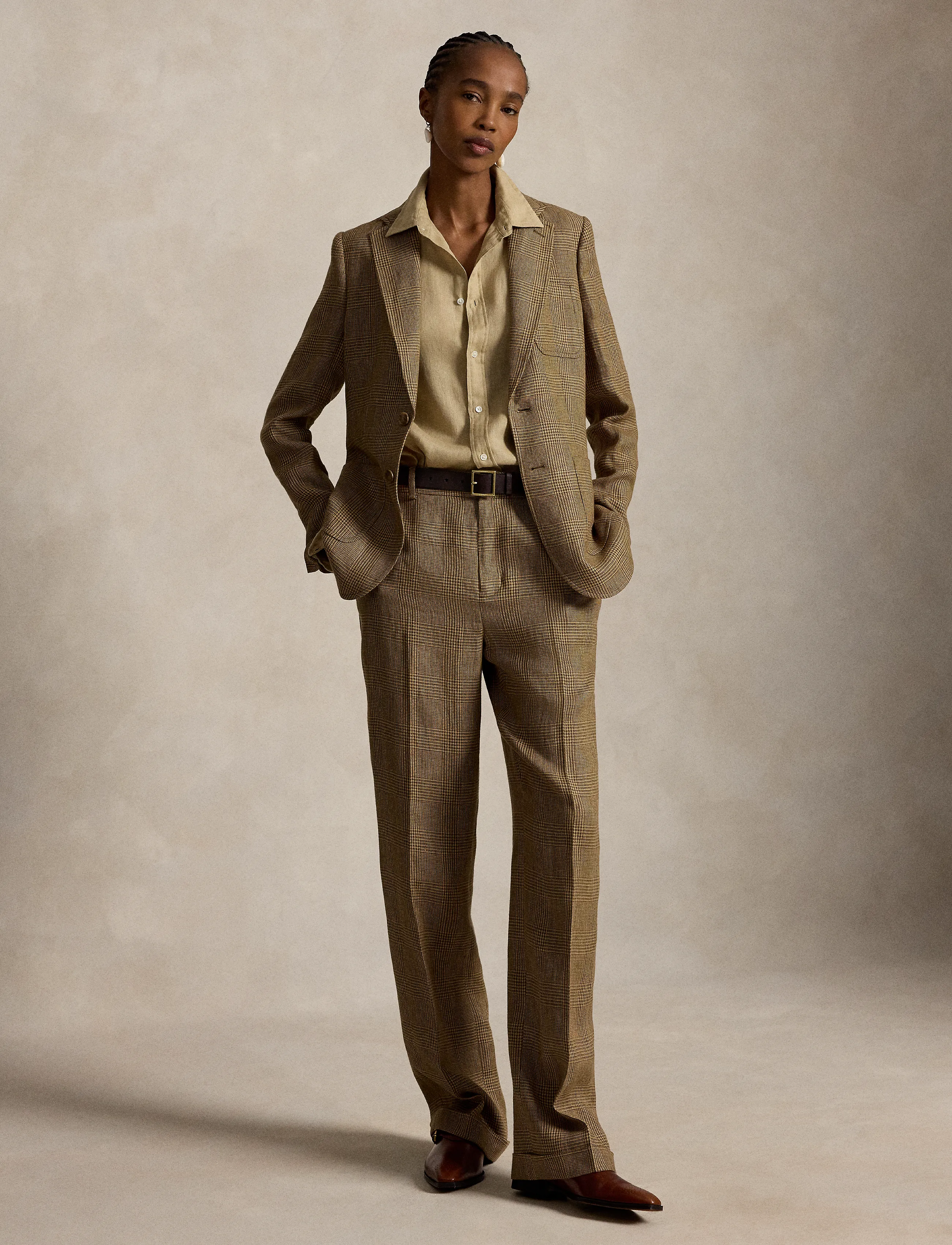 Single-Breasted Plaid Linen Tweed Blazer