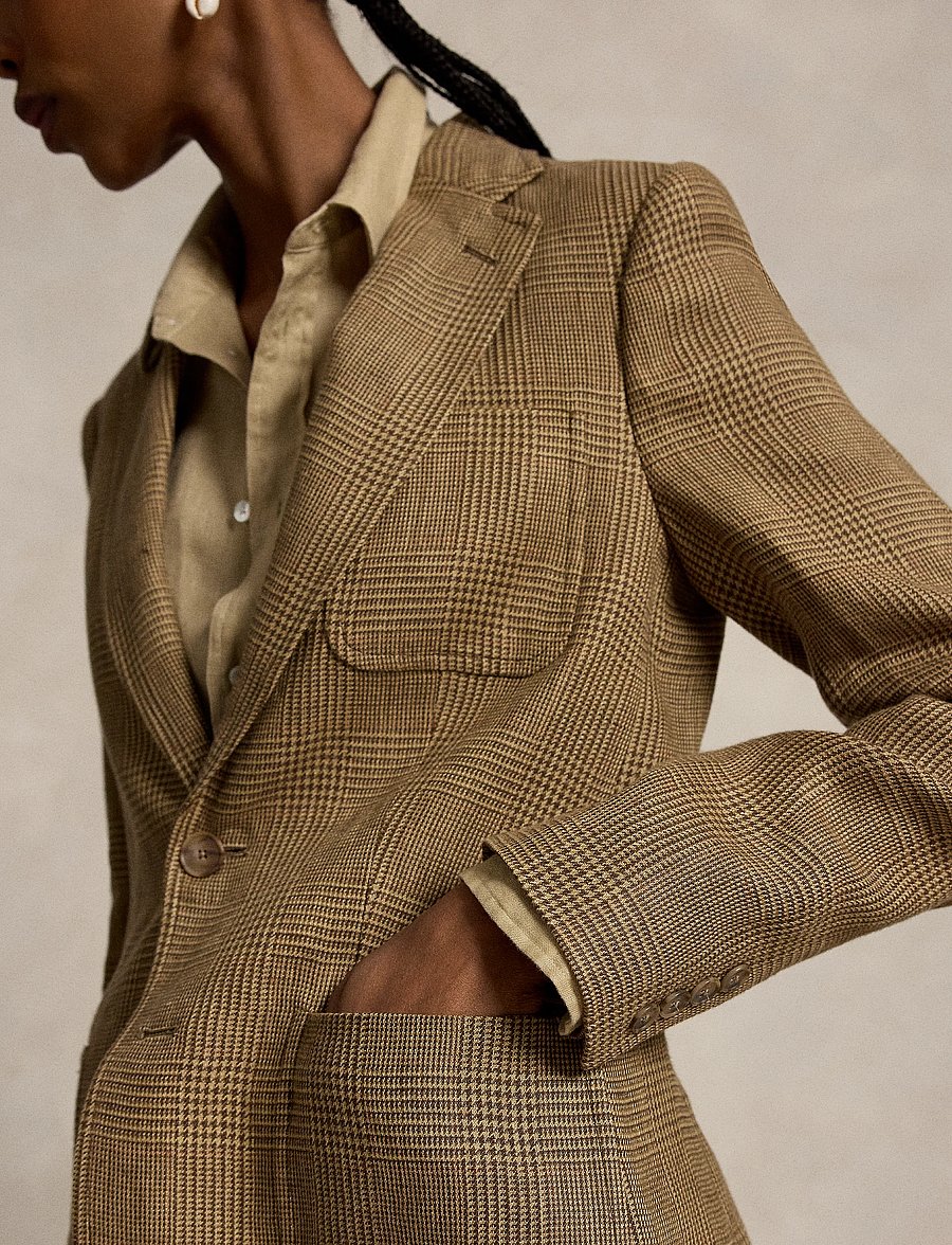 Polo Ralph Lauren - Single-Breasted Plaid Linen Tweed Blazer - einreihige blazer - brown/tan glen ch - 4