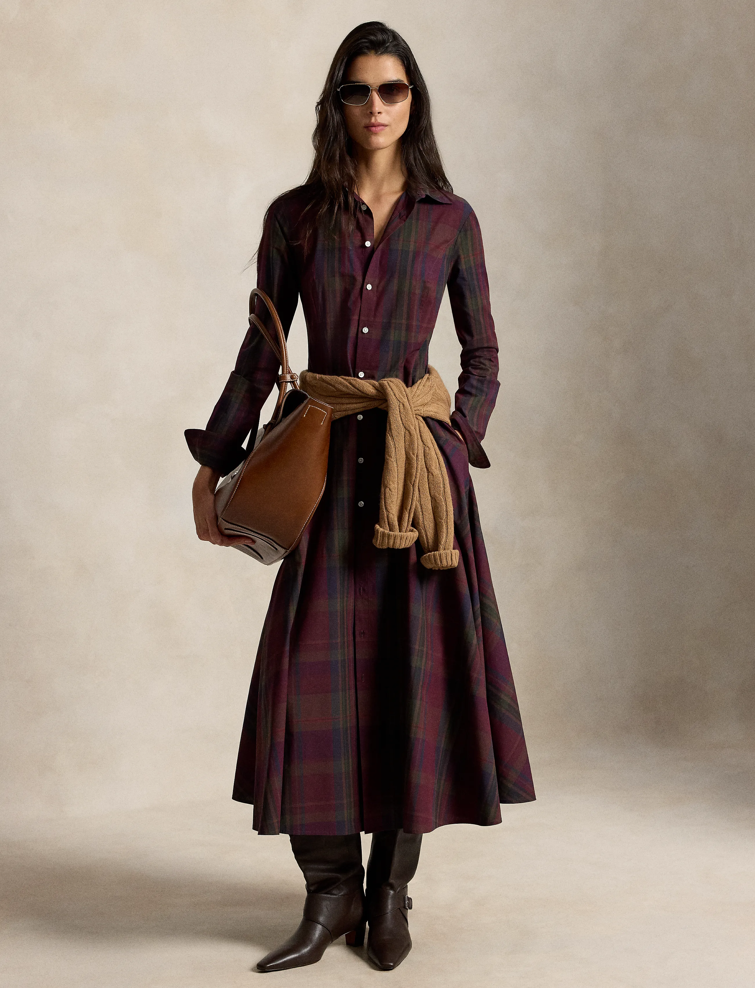 Polo Ralph Lauren Plaid Cotton-Blend Paneled Shirtdress - Klänningar - 2059 MERLOT-GREEN / burgundy