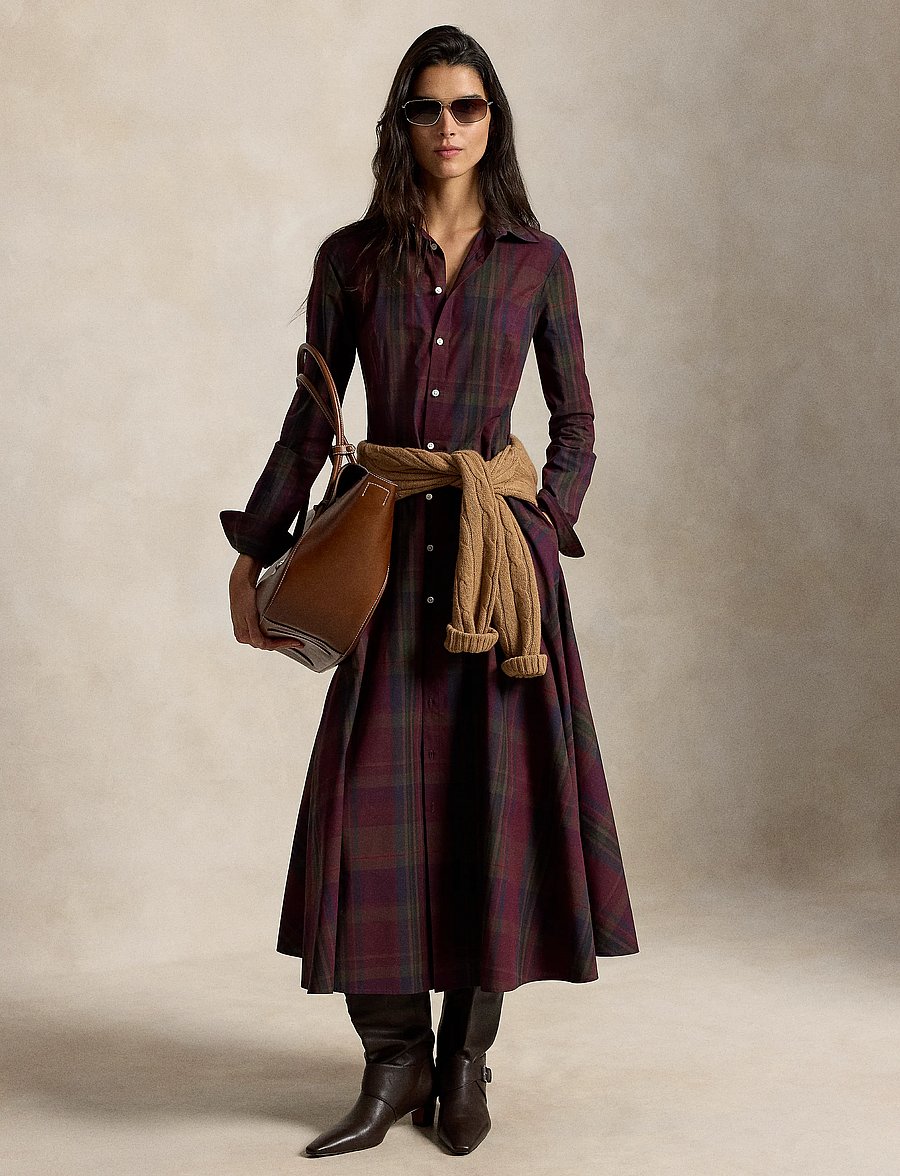 Polo Ralph Lauren - Plaid Cotton-Blend Paneled Shirtdress - skjortklänningar - 2059 merlot-green - 0